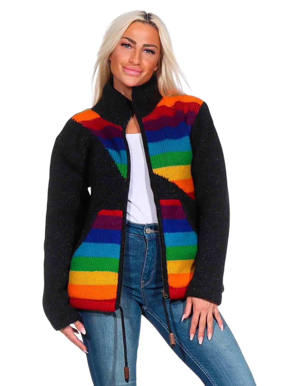KUNST UND MAGIE Kapuzenstrickjacke Damen Strickjacke gefütterte Wolljacke Strickpullover Bunt Regenbogen