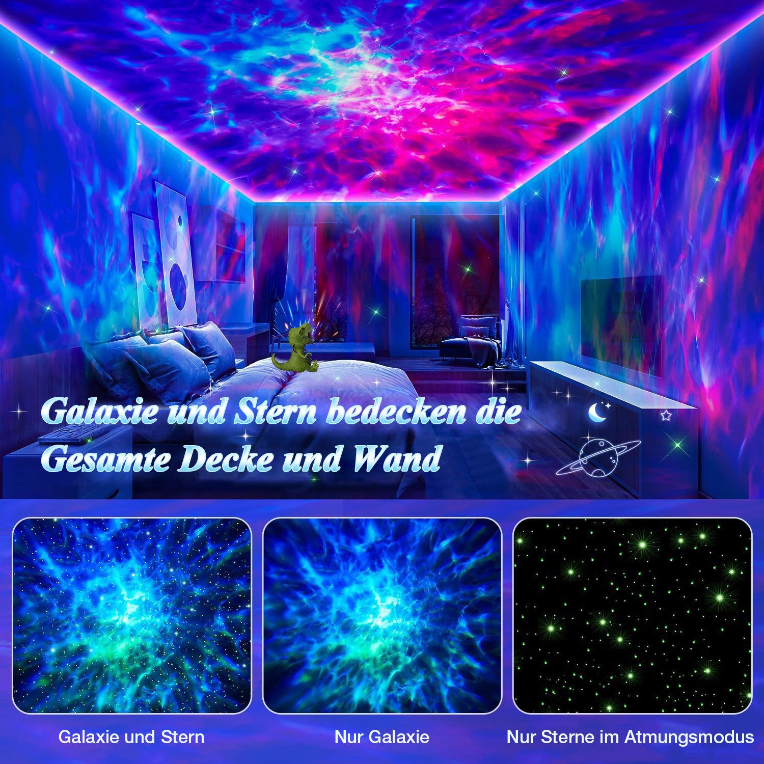 Rosnek Projektionslampe Sternenhimmel Projektor Dimmbar, Dinosaurier Nachlicht Nebel-Stern, Geschwindigkeit Einstellbar 360°Drehbar Timer Deko Stimmungslicht Grün
