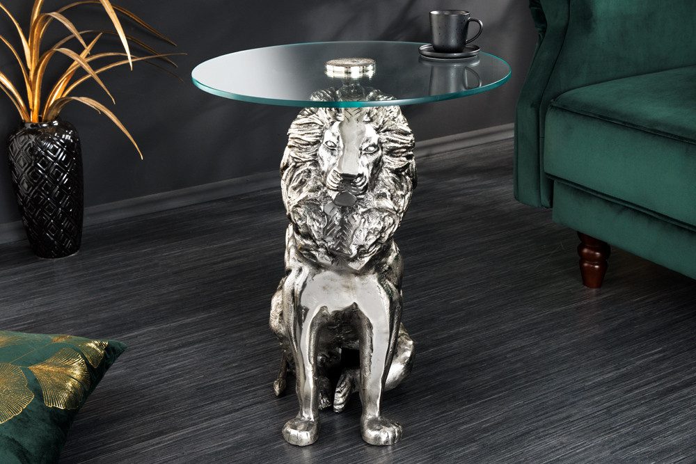 riess-ambiente Beistelltisch WILDLIFE LION 60cm silber antik / transparent · Couchtisch aus Metall (Einzelartikel, 1-St), Wohnzimmertisch mit Glas-Tischplatte · rund · handmade · Löwen-Statue