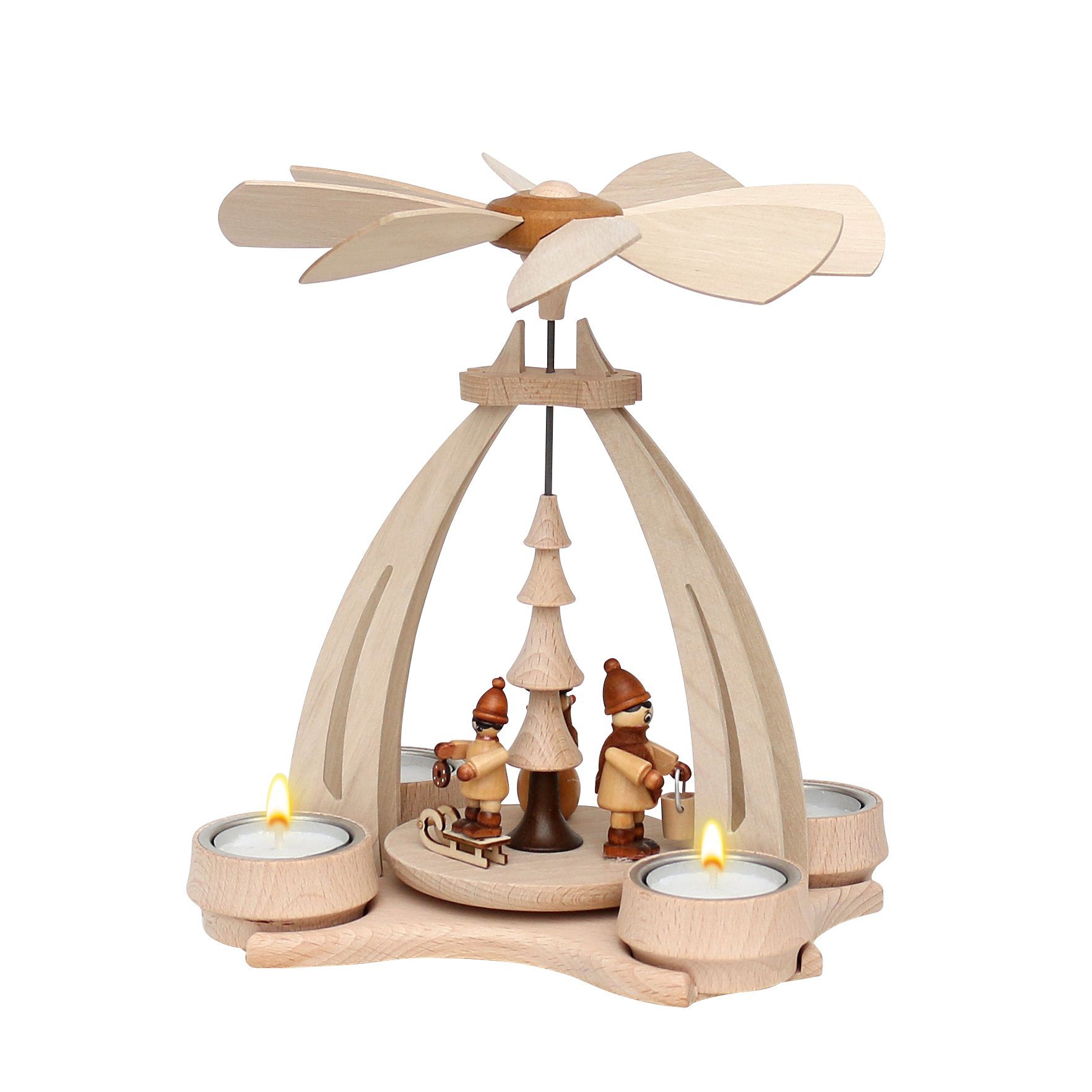 Dekohelden24 Weihnachtspyramide Pyramide aus Buchenholz mit Winterfütterung, für 4 Teelichte geeignet