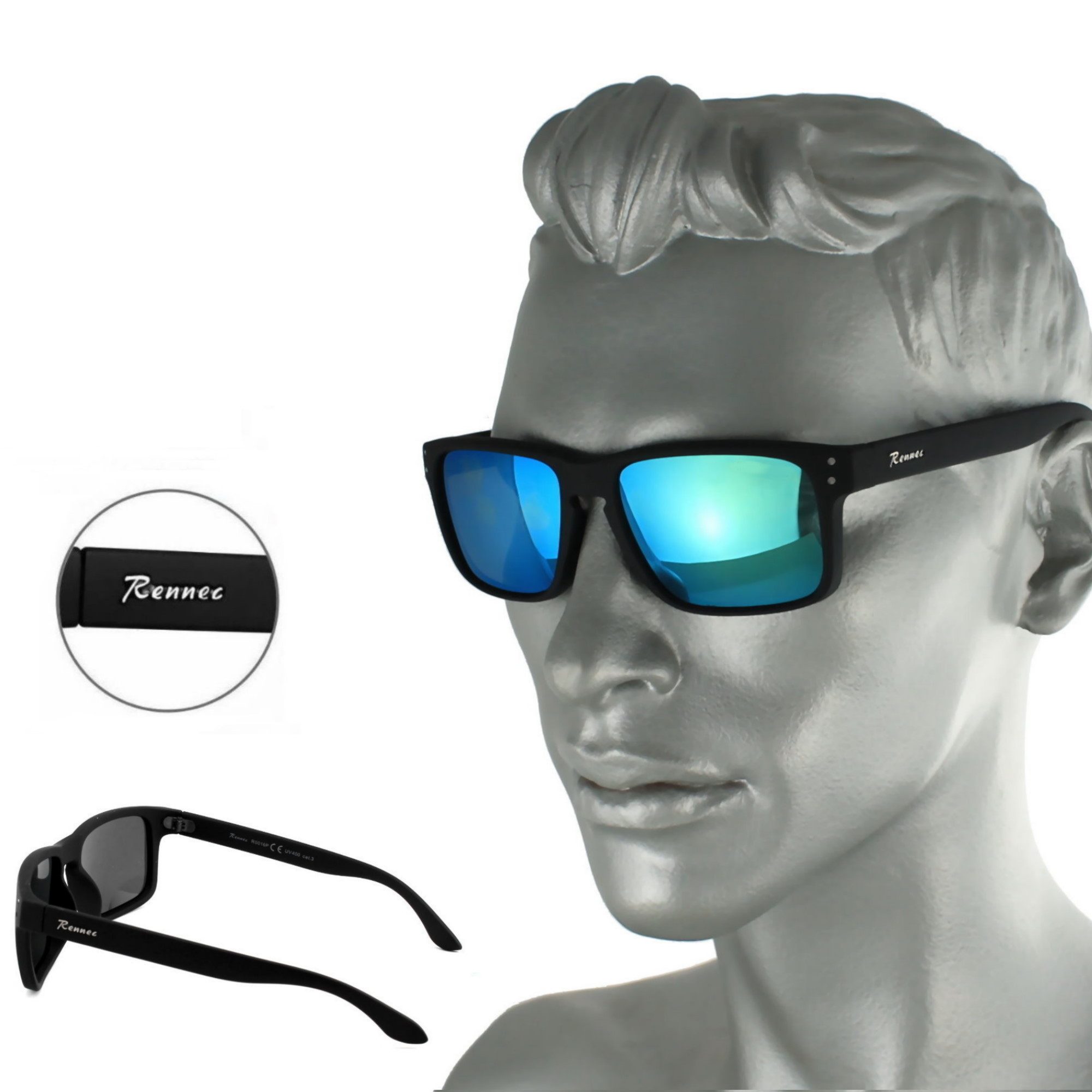 Rennec Sonnenbrille Herren Markenbrille Polarisiert Rechteckig mit Brillenbeutel Gläser Türkis Verspiegelt Markenschriftzug Stabile Bügelgelenke