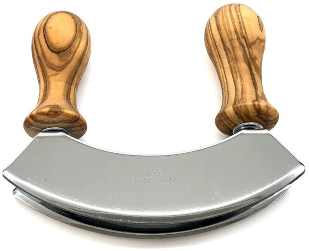 Olivenholz-erleben Wiegemesser DESIGN mit gedrechselten Griffen aus Olivenholz, Doppelklinge aus Edelstahl, gedrechselte Griffe, angenehme Haptik