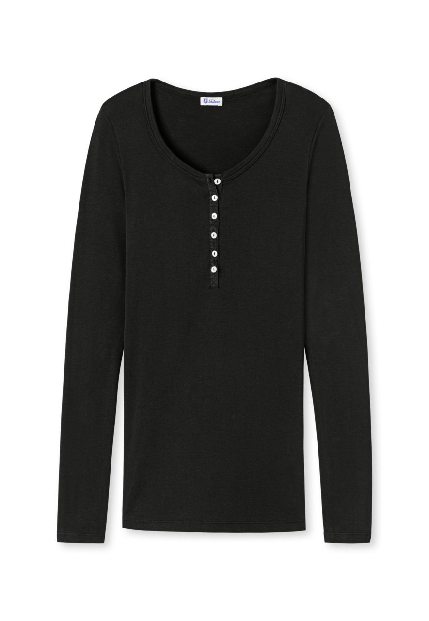 SCHIESSER Long Button Shirt Berta Black Unterhemd Perlmuttknöpfe REVIVAL