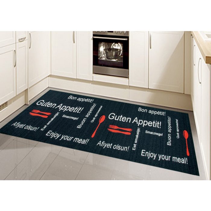 Teppich Küchenläufer Küchenteppich waschbar mit Schriftzug Guten Appetit in Schwarz Rot Teppich-Traum rechteckig Höhe: 4 mm