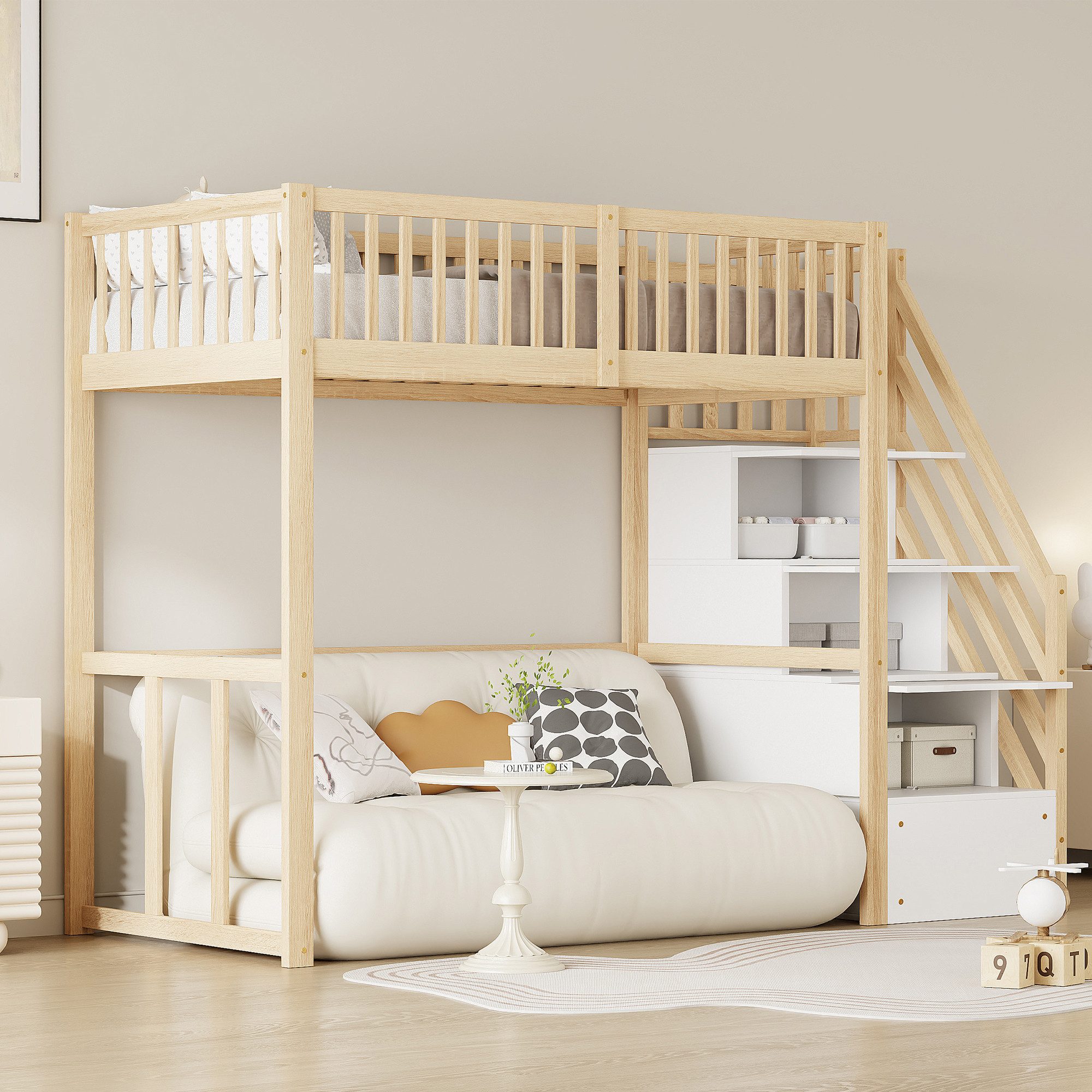 Merax Hochbett (viel Platz unter dem Bett, 1-St., Etagenbett Jugendbett Einzelbett, stabil & platzsparend) Kiefer Kinderbett 90x200cm mit Stauraumtreppe & Siche – Bild 3 von 5
