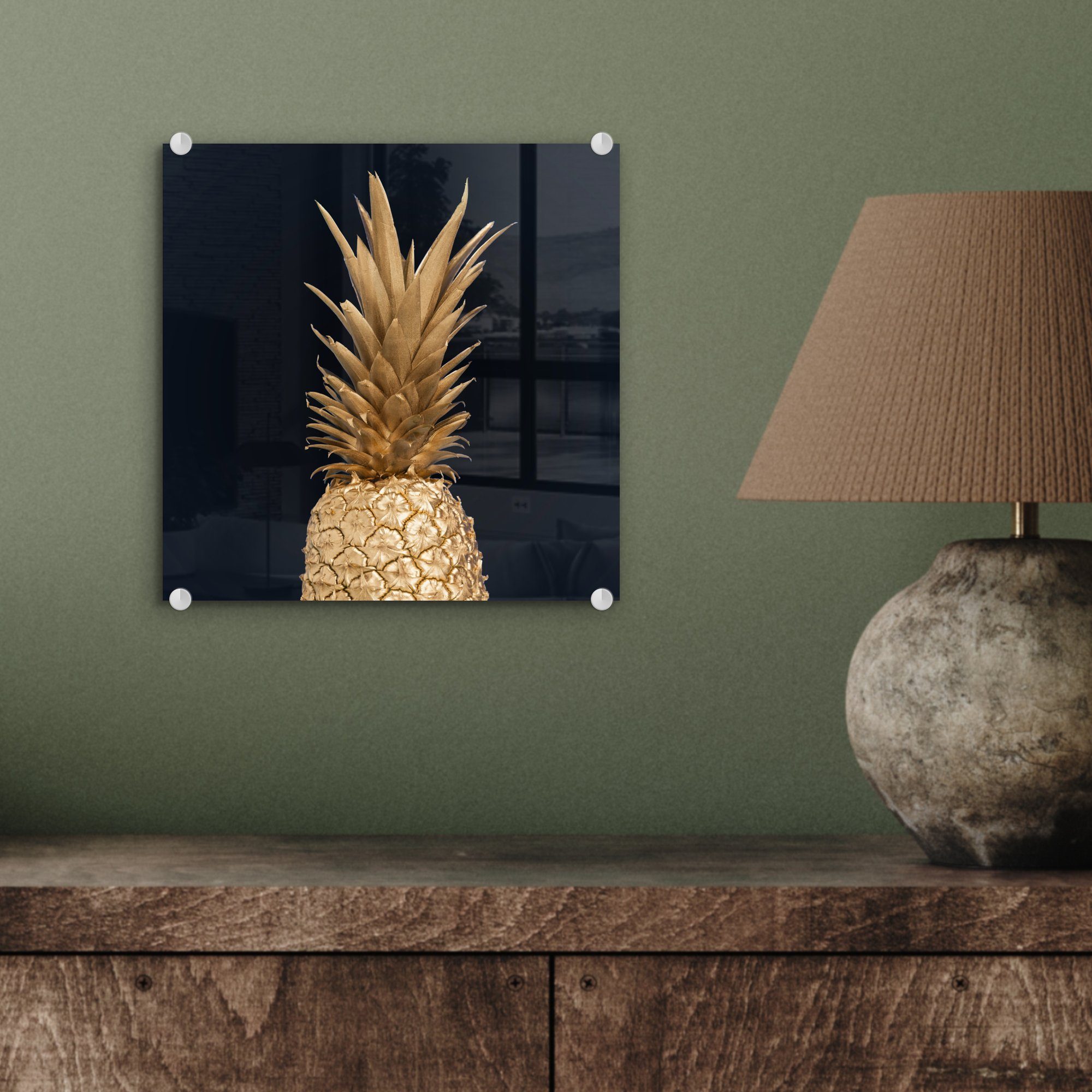 - Gold Wanddekoration Glasbilder Glas - - Schwarz Luxus, St), auf Obst - - - Farbe auf (1 - Bilder Acrylglasbild Glas - Foto Wandbild MuchoWow Ananas bunt