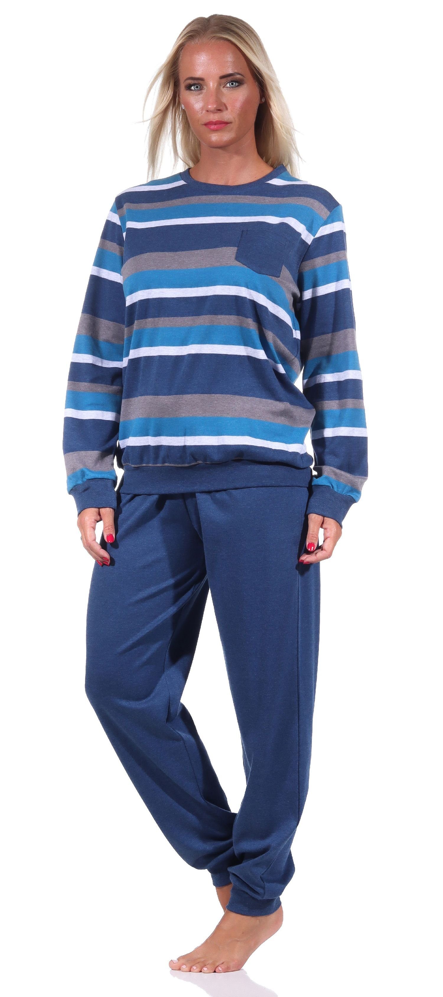 Normann Pyjama Damen Pyjama mit Optik in Qualität blau Interlock Bündchen warmer Streifen