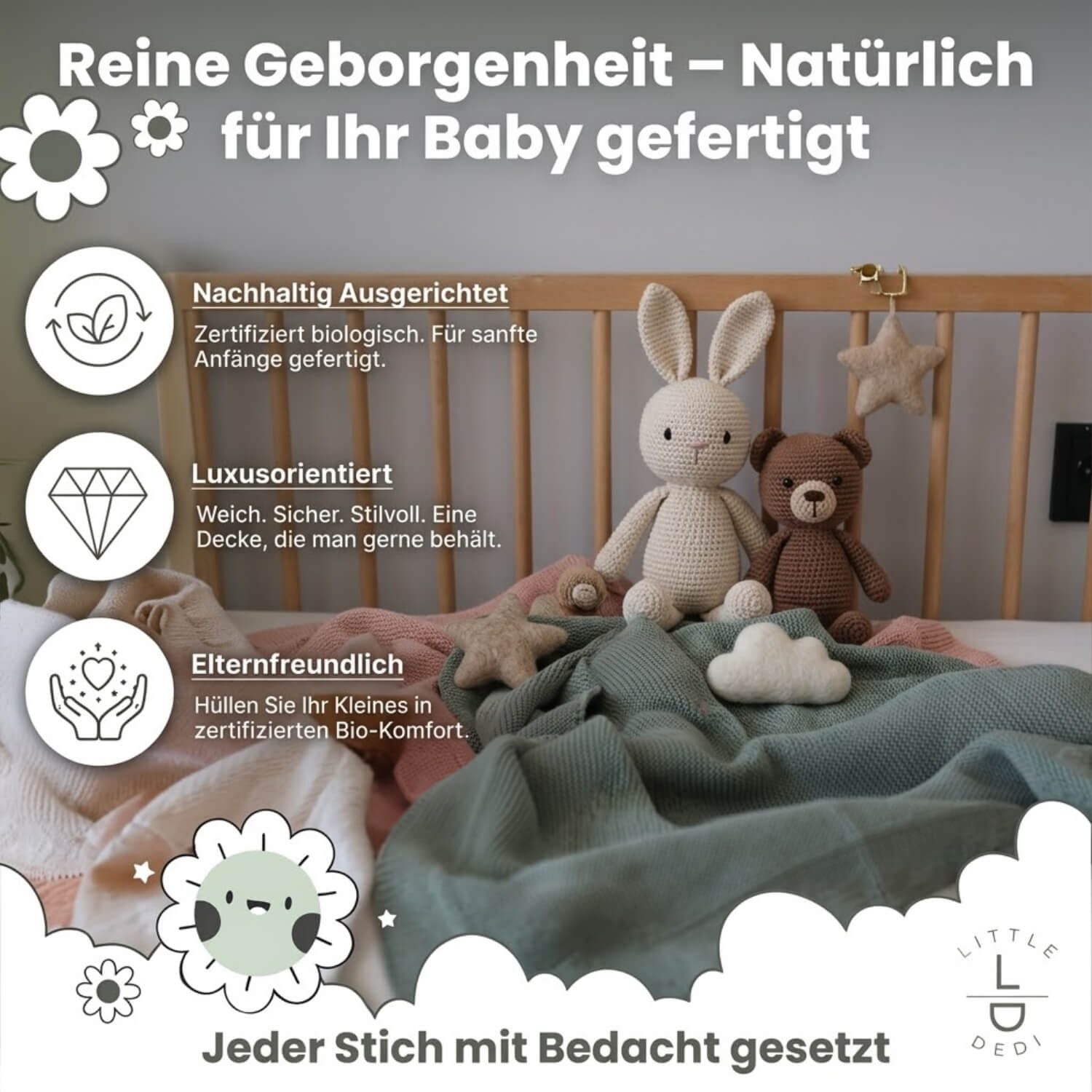 Babydecke Baby Strickdecke, %100 Bio Baumwolle, Atmungsaktiv 80x100cm Dunkelgrün, Little Dedi