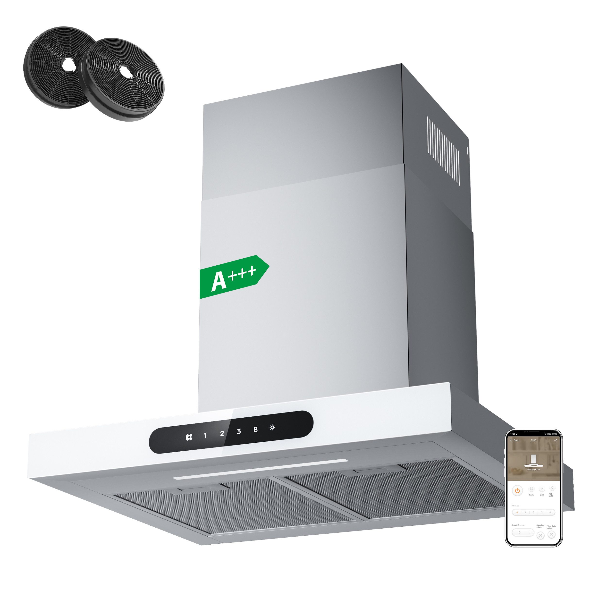 CIARRA Wandhaube 60 cm Dunstabzugshaube A+++ 650 m³/h Umluft & Abluft 4 Stufen VM6102W Serie CIARRA Dynamic 60 cm Dunstabzugshaube A+++ 650 m³/h Umluft & Abluft 4 Stufen VM6102W, Kaminhaube leise WIFI-APP Touch Control Inkl. BOOST mit 2*Kohlefilter