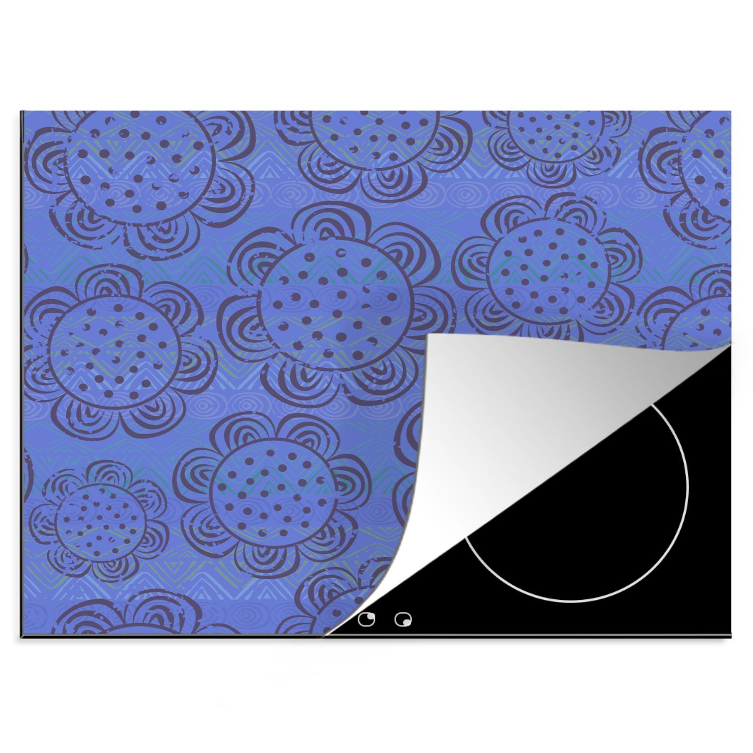 MuchoWow Herdblende-/Abdeckplatte Blumen - Muster - Blau, Vinyl, (1 tlg), 60x52 cm, Mobile Arbeitsfläche nutzbar, Ceranfeldabdeckung