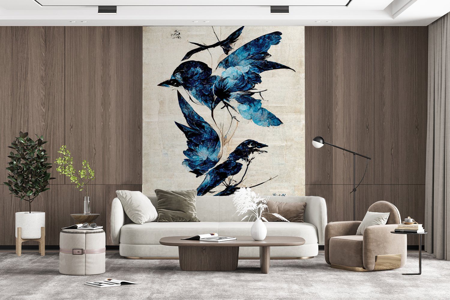 - MuchoWow - Blau Wohnzimmer, Matt, Tiere - Fototapete Vögel Vintage, Tapete (4 St), Vinyl Montagefertig Wandtapete für bedruckt,