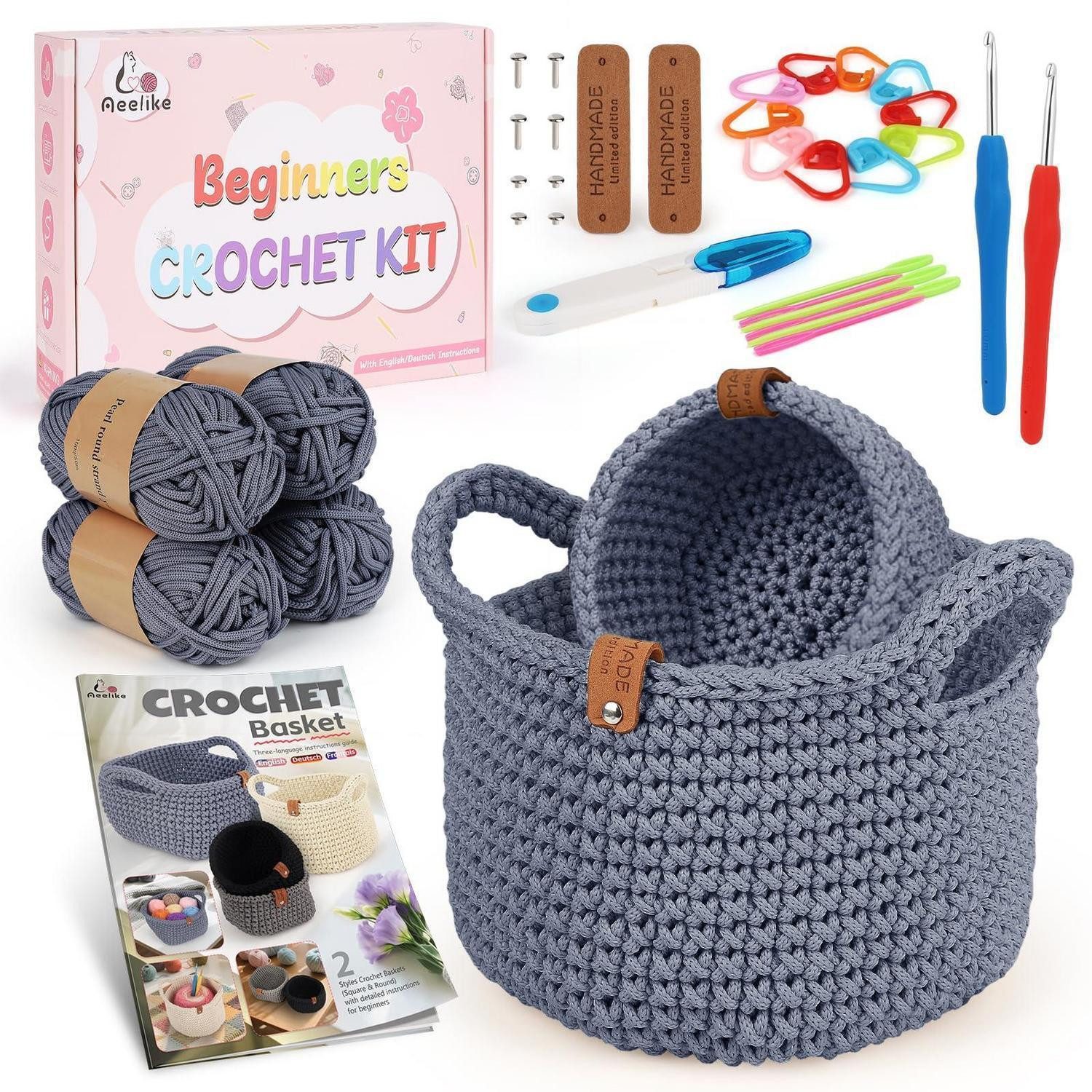 LuxusKollektion Kreativset Häkelkorb-Set für Anfänger Dunkelgrau