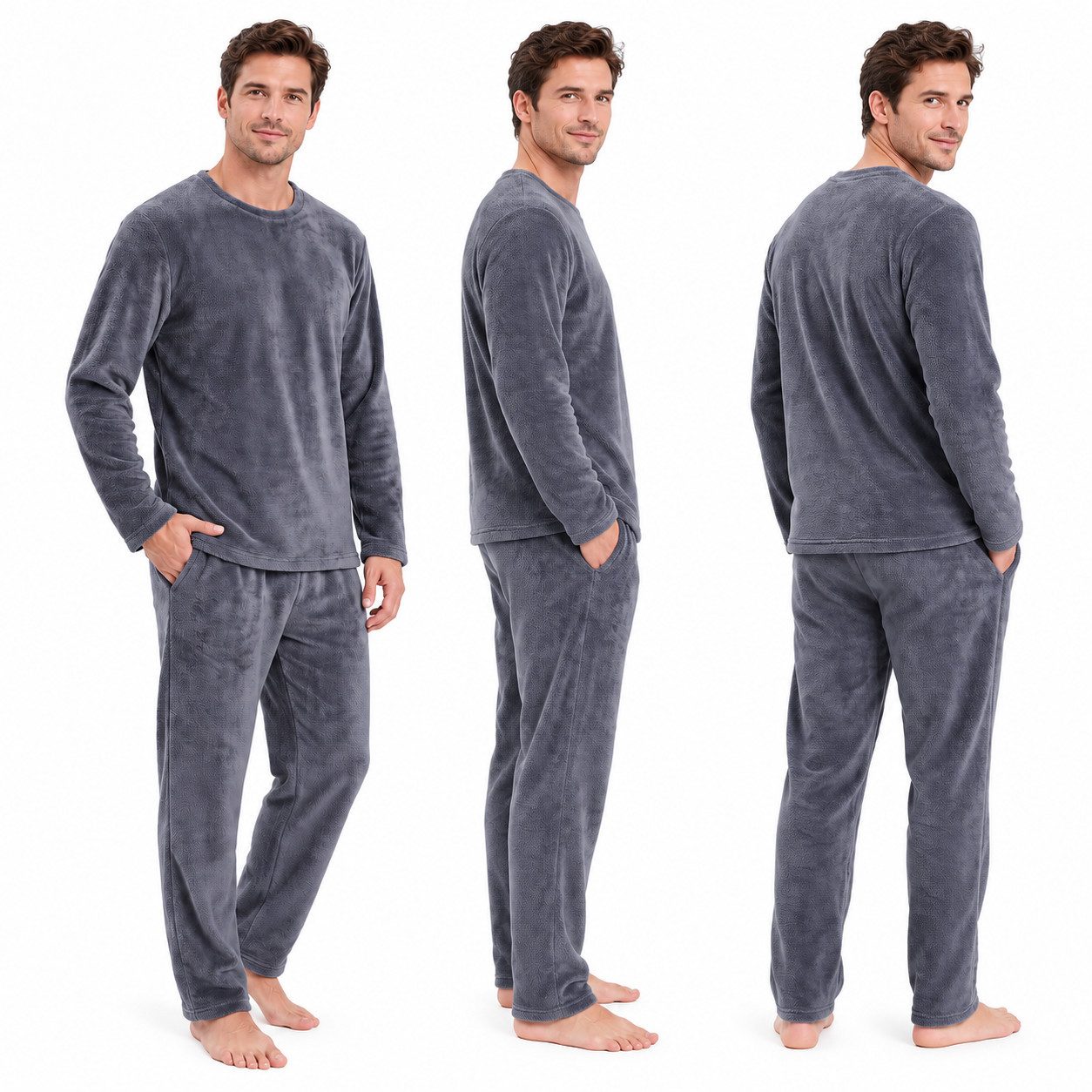 Rungassi Pyjama Herren Schlafanzug Coral Fleece, 2-teilig, mit Seitentaschen 2701 (Set bestehend aus Langarmshirt und langer Hose)