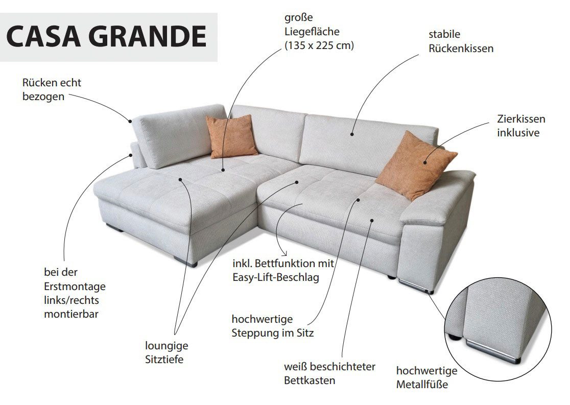 exxpo - sofa fashion Ecksofa Casa Grande inkl. Bettfunktion & Bettkasten, bequem, Breite 268cm, L-Form, guter Sitzkomfort, große Liegefläche