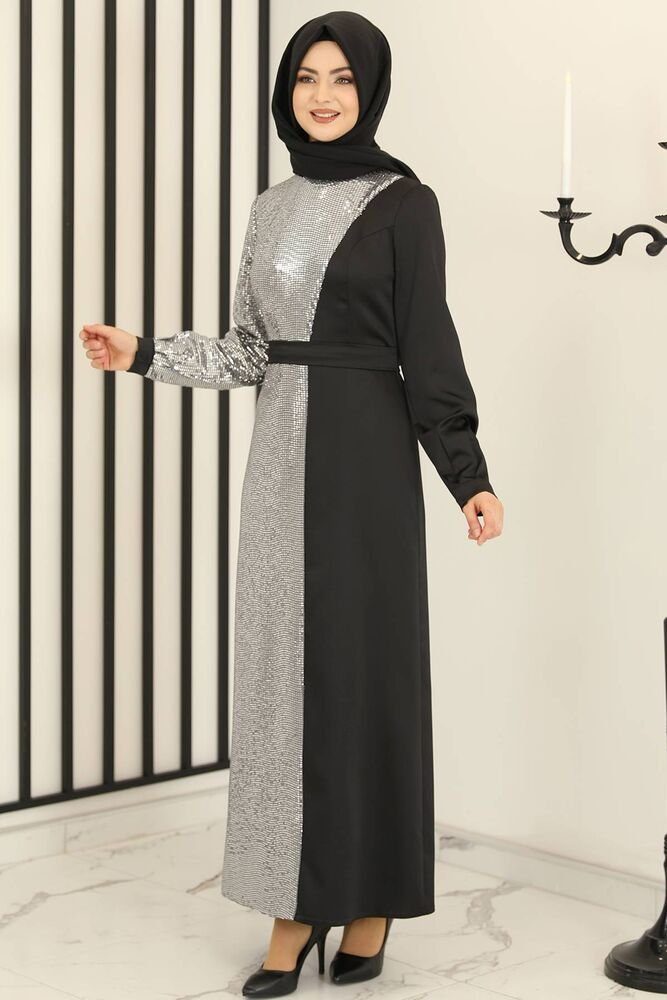 Modavitrini Paillettenkleid Damen Abendkleid silbernes Kleid Modest Fashion Abiye (FIRUZE) Pailletten