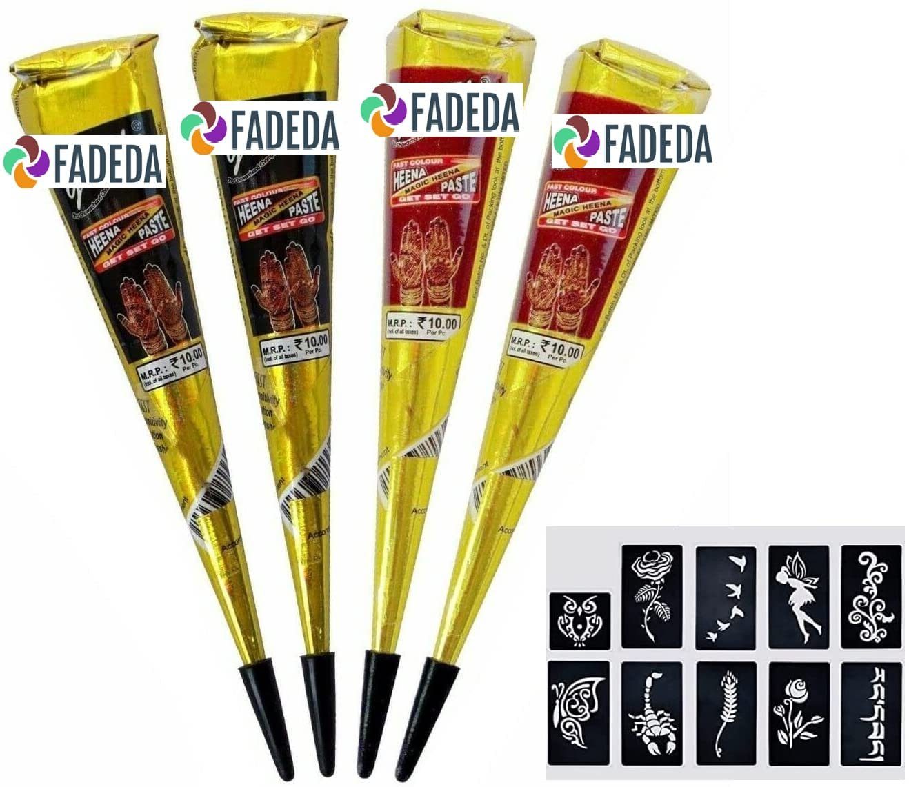 FADEDA Strass-Tattoo 14x FADEDA 100% Natural 4x Henna Paste schwarz-braun + 10x Sticker, 14 Stück im Set, VEGAN, HALAL, 100% Bio