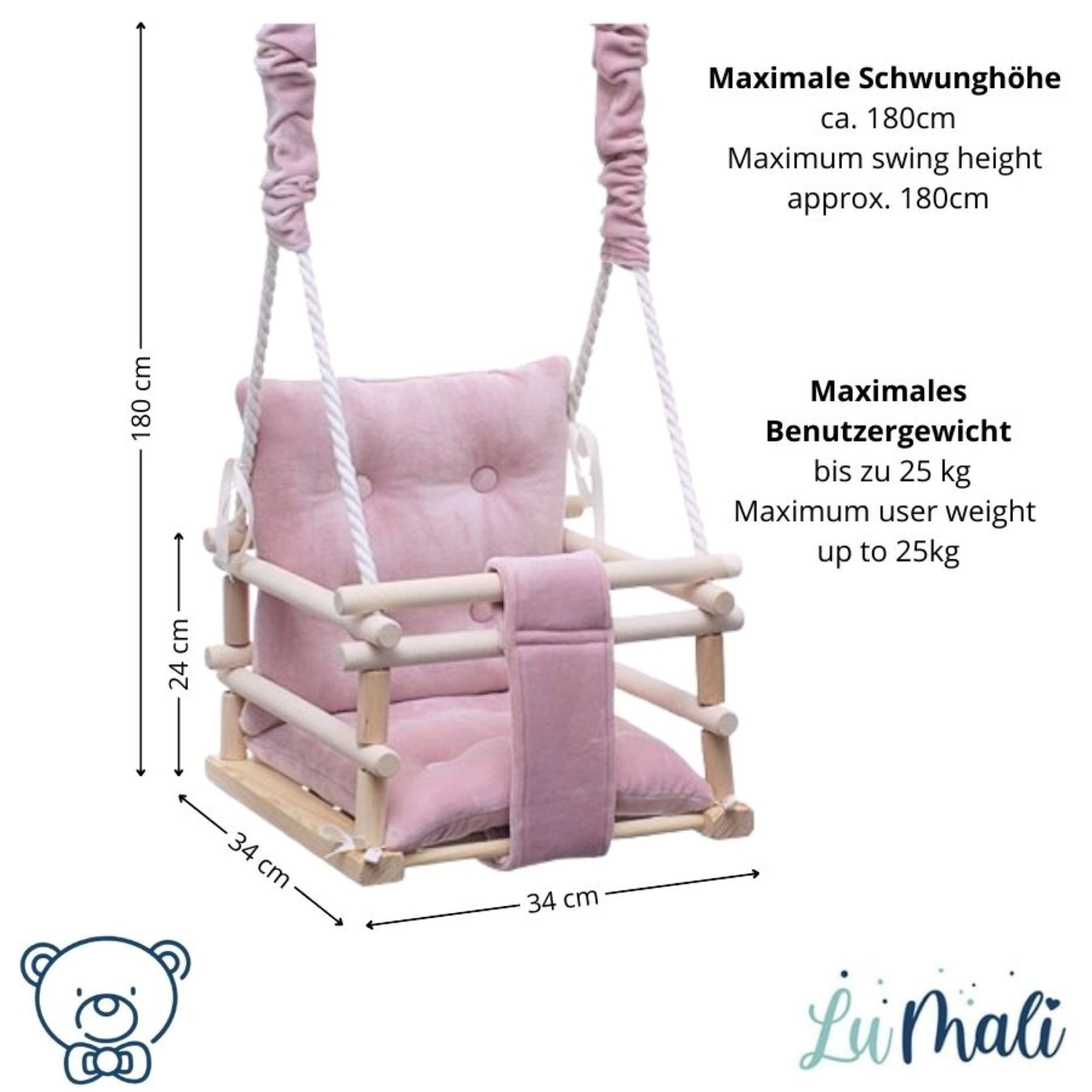 LuMali Babyschaukel Babyschaukel Magic 3in1 Holz Sicherheitsgurt drinnen draußen 34cm, Kinderschaukel Naturholz Kiefer weich verstellbar 10-36 Monate