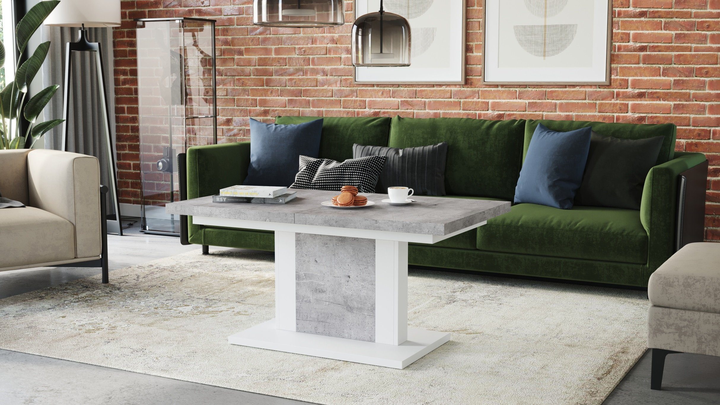 designimpex Couchtisch Design Couchtisch Orion stufenlos höhenverstellbar ausziehbar Esstisch Beton / Weiß matt