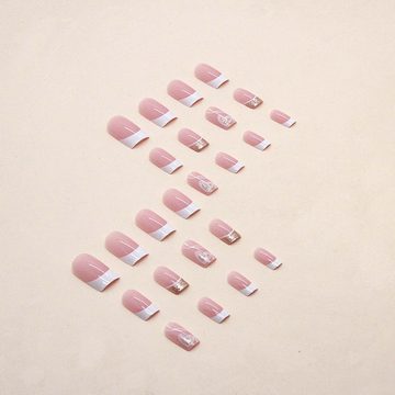 KIKI Kunstfingernägel Quadratische künstliche Nägel, mittlere Größe, Rosa und Weiß, 24 Stück, 1-tlg.