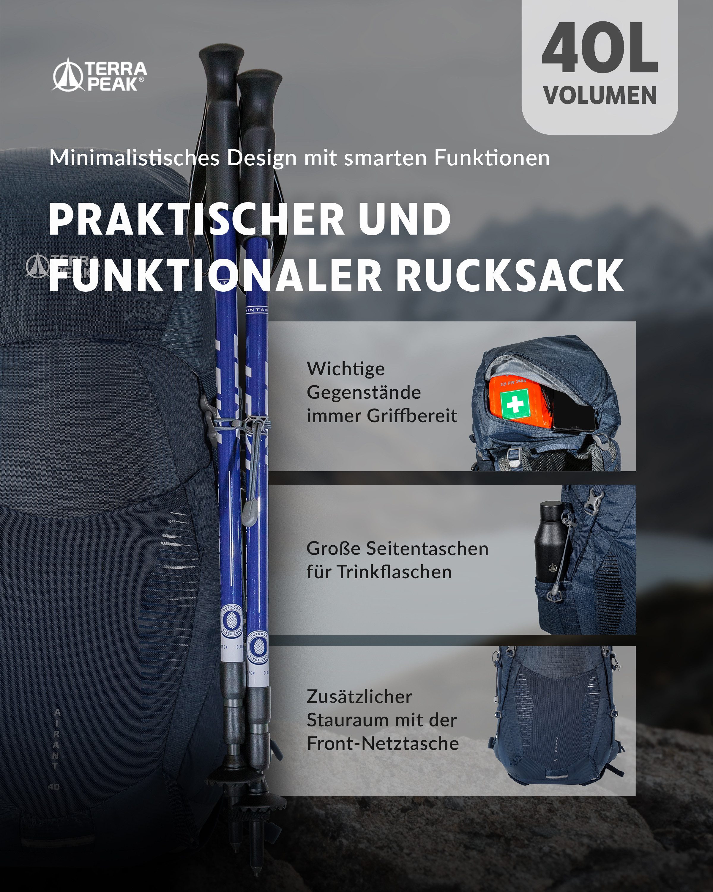 Terra Peak Wanderrucksack Airant 40, Rucksack mit belüftetem Netzrücken groß, 40 Liter