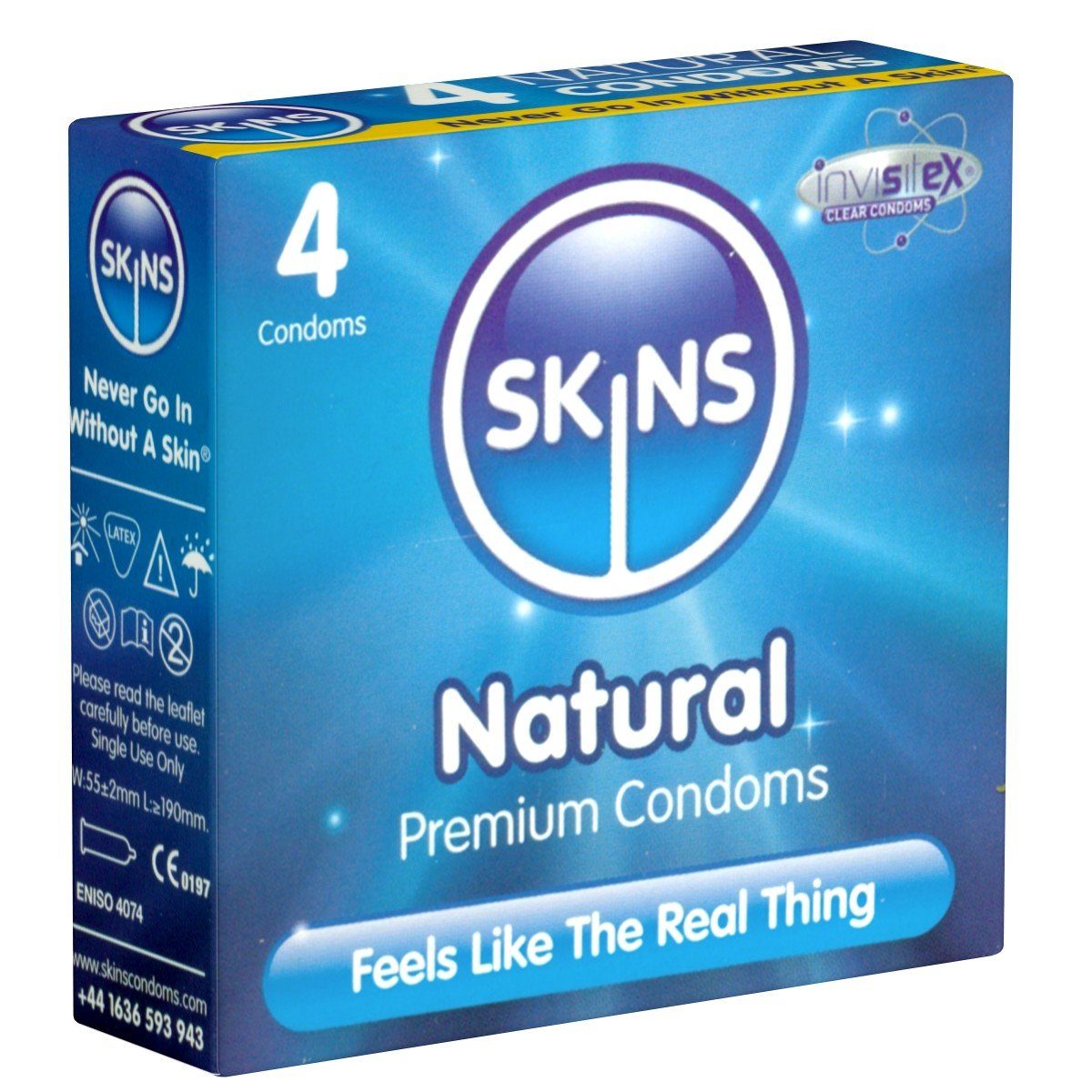 SKINS Condoms Kondome Natural, samtweiche Oberfläche, fühlt sich an wie "echt", Packung mit, 4 St., natürliche Kondome mit Vanille-Duft, durchsichtiges Latex (kristallklar), kein Latexgeruch
