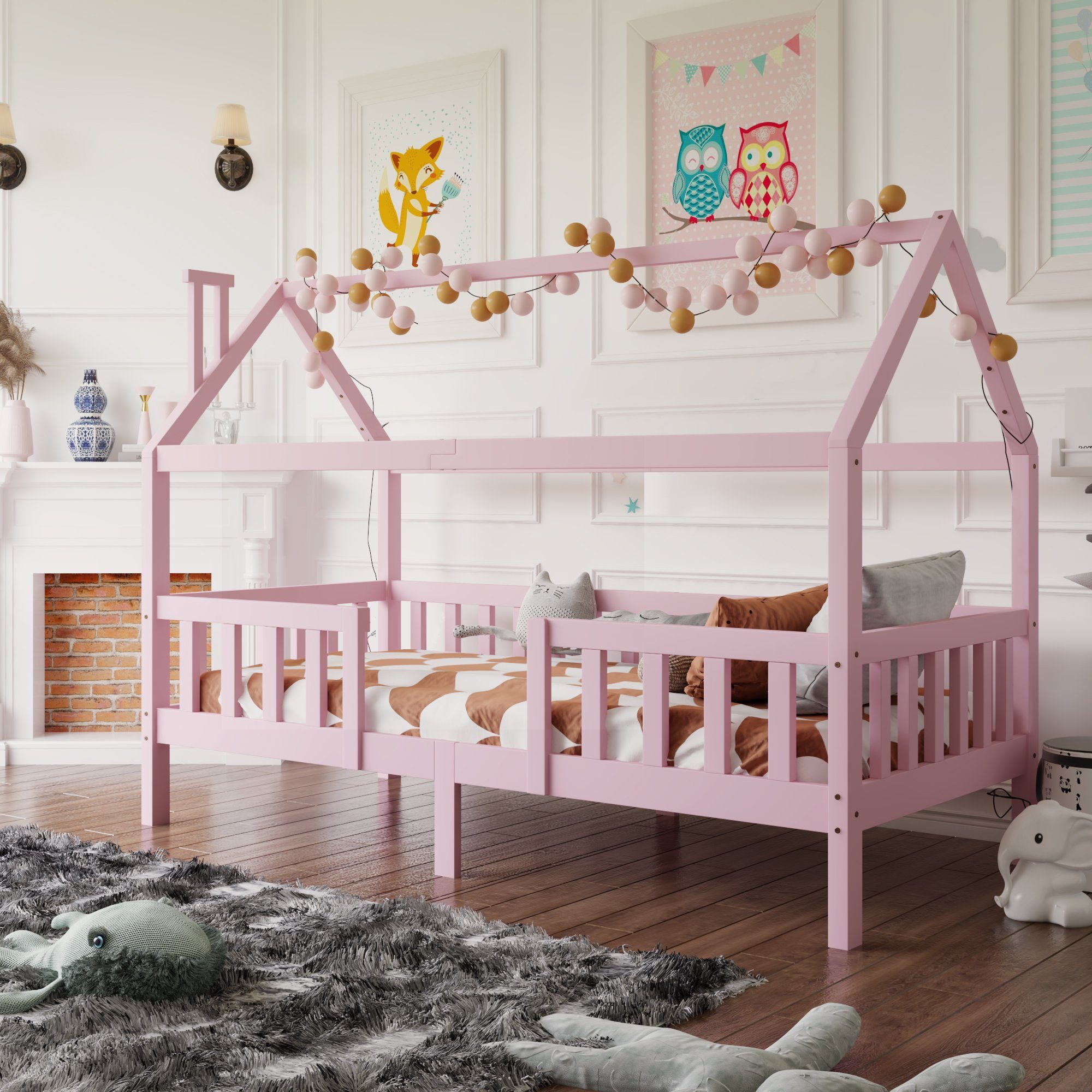 SOFTWEARY Kinderbett (Hausbett mit Lattenrost, 90x200 cm), Einzelbett aus  Kieferholz, inkl. Rausfallschutz, Bettgestell mit Zaun