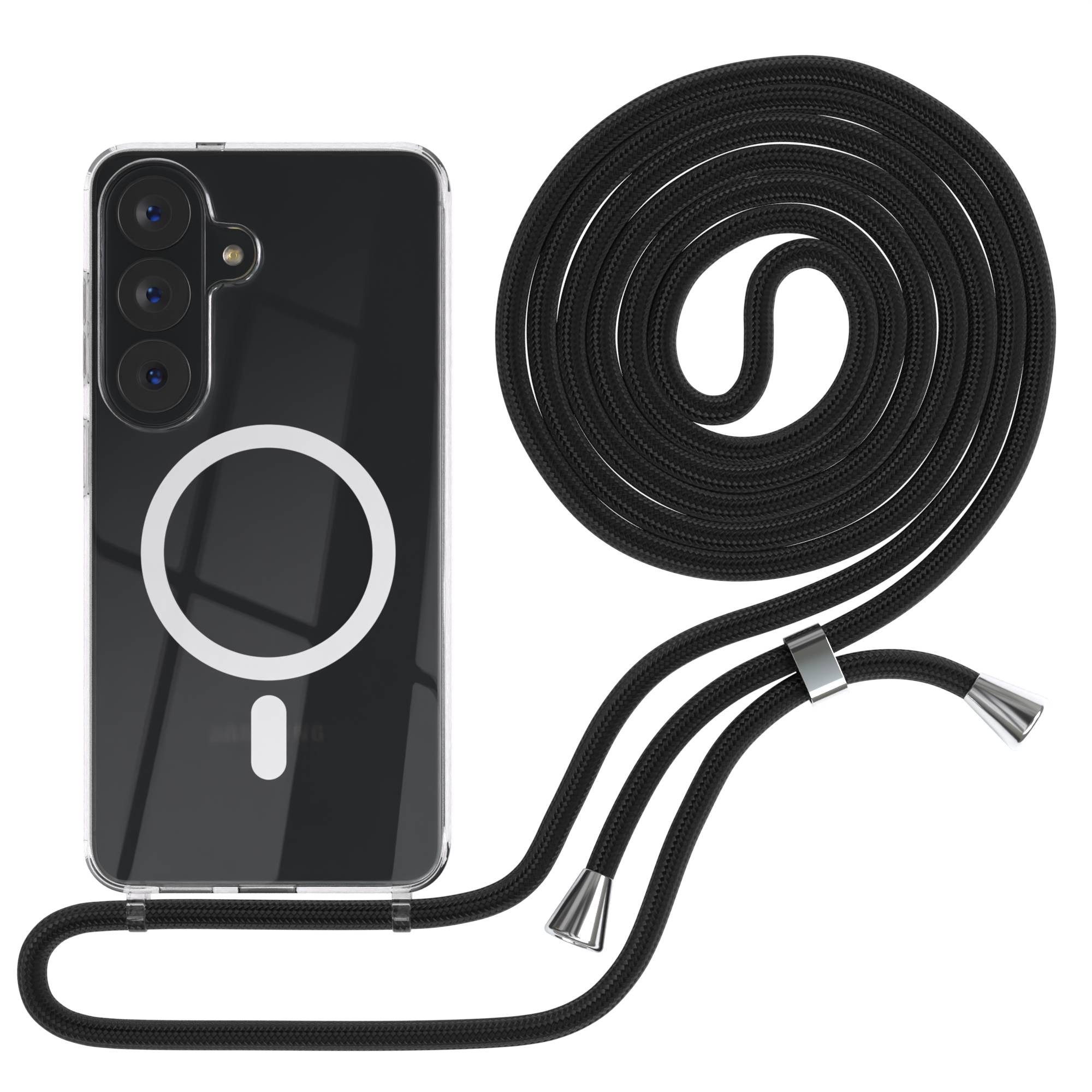 EAZY CASE Handykette mit Magsafe Hülle für Samsung Galaxy S26 6,3 Zoll, Handykordel Qi-Case Slimcover mit Umhängeband zum Umhängen in Schwarz