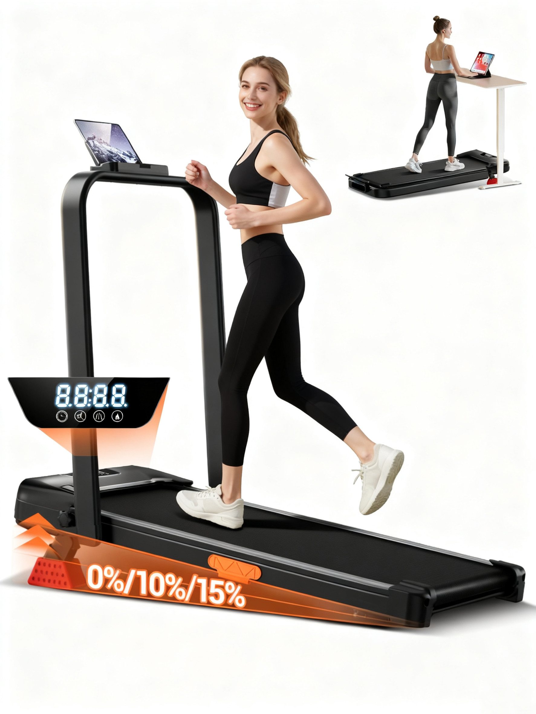 BAYMATE Laufband 15 % klappbares Laufband, 6-in-1-Kipplaufband (mit Bürstenlosem Motor, Walking Pad mit Steigung max. Belastung 136 kg)