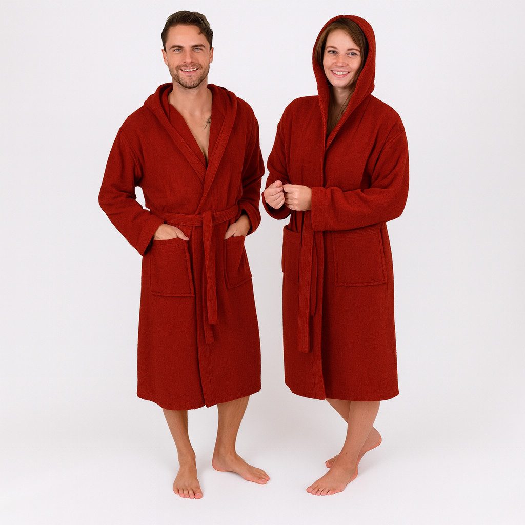 Betz Bademantel Saunamantel mit Kapuze für Herren und Damen FULDA, Wadenlang, 100% Baumwolle, Kapuze, Gürtel