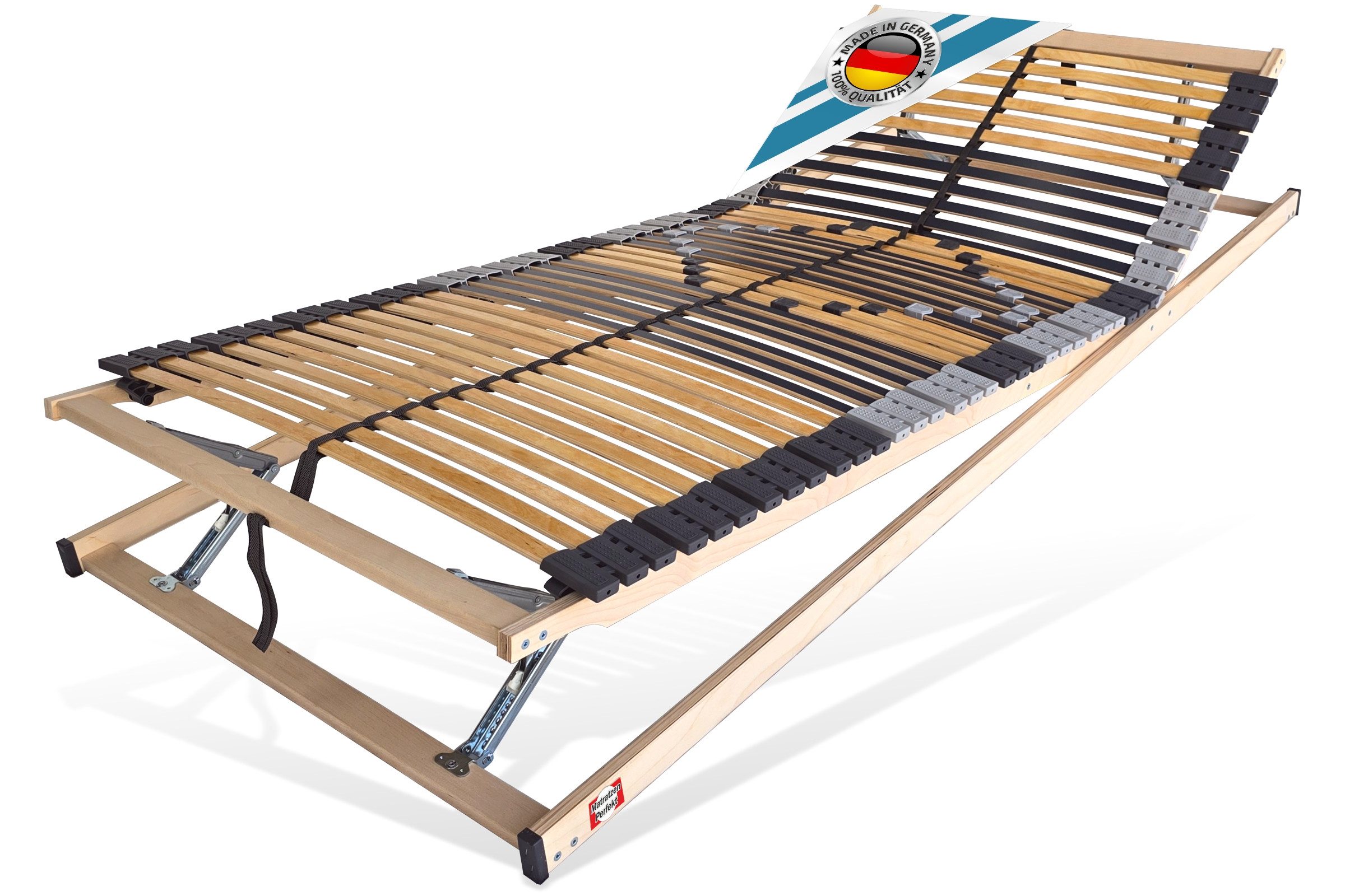 Lattenrost mit 42 Leisten, 100% Buche, 7 Zonen, MONTIERT bis 250 Kg BELASTBAR, Matratzen Perfekt, Kopfteil manuell verstellbar, Fußteil manuell verstellbar, Spar Set im Angebot vorhanden, Lattenrost mit Trio Kautschukkappen Top Lagerung der Leisten