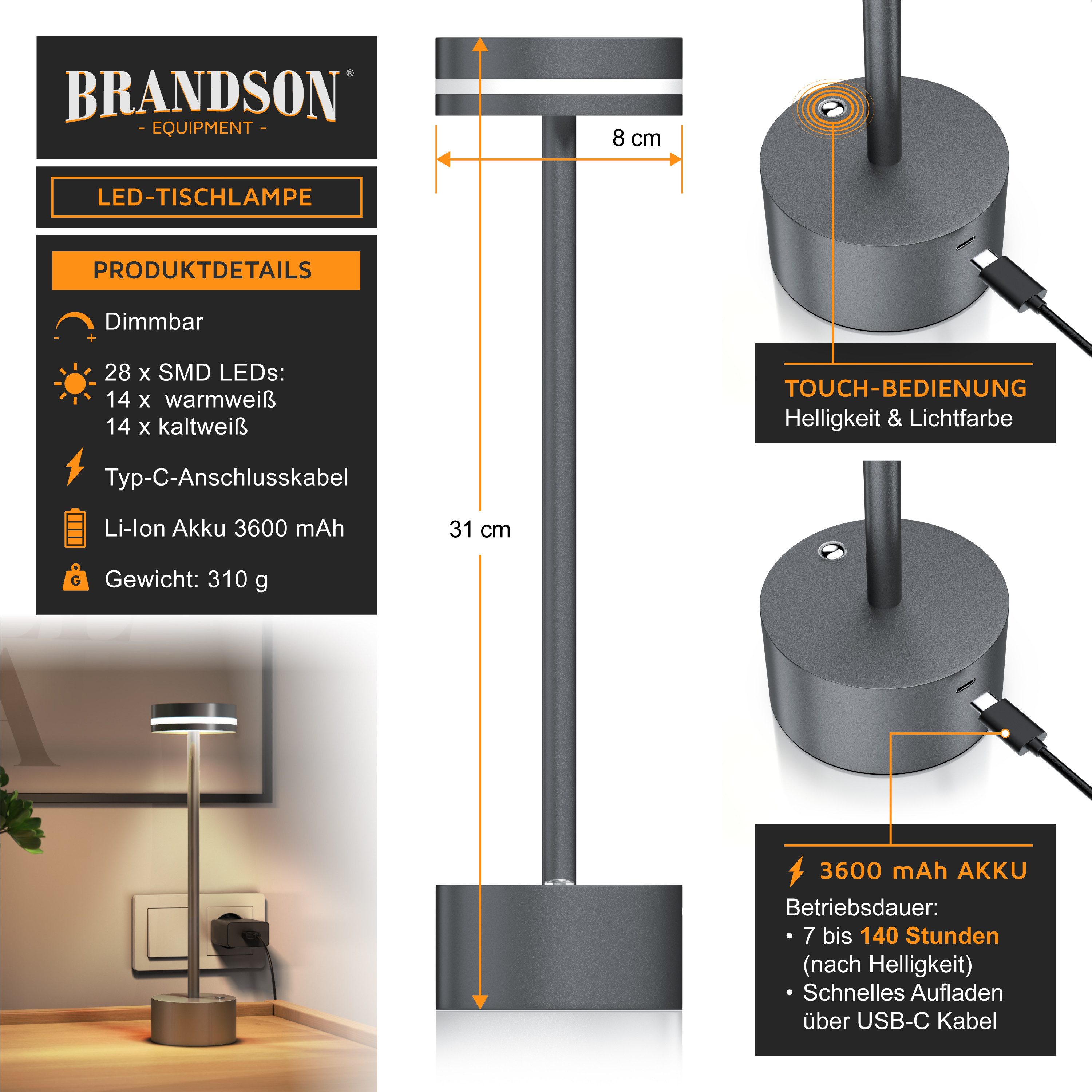 Brandson LED Tischleuchte Tischlampe, stufenlos dimmbar, 3 Lichtfarben, Akku 3600 mAh, Touch, Dimmfunktion; Ein-/Ausschalter; Farbwechsel; mehrere Helligkeitsstufen, LED fest integriert, Kaltweiß, Neutralweiß, Warmweiß, Tischlampe kabellos, USB-C, Schreibtischlampe, modern, platzsparend