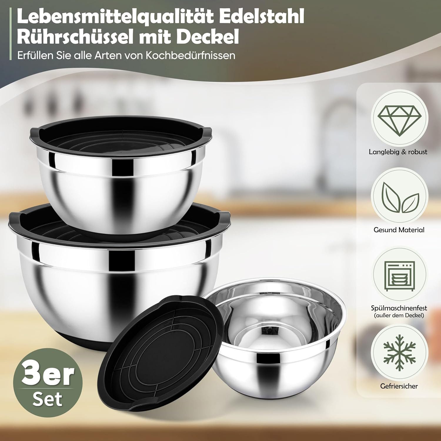 PFCTART Rührschüssel Schüssel Set mit Deckel - Salatschüssel & Edelstahl Schüssel, Edelstahl (Schüsseln), Kunststoff (Deckel), (Rostfrei, leicht zu reinigen - V – Bild 2 von 5