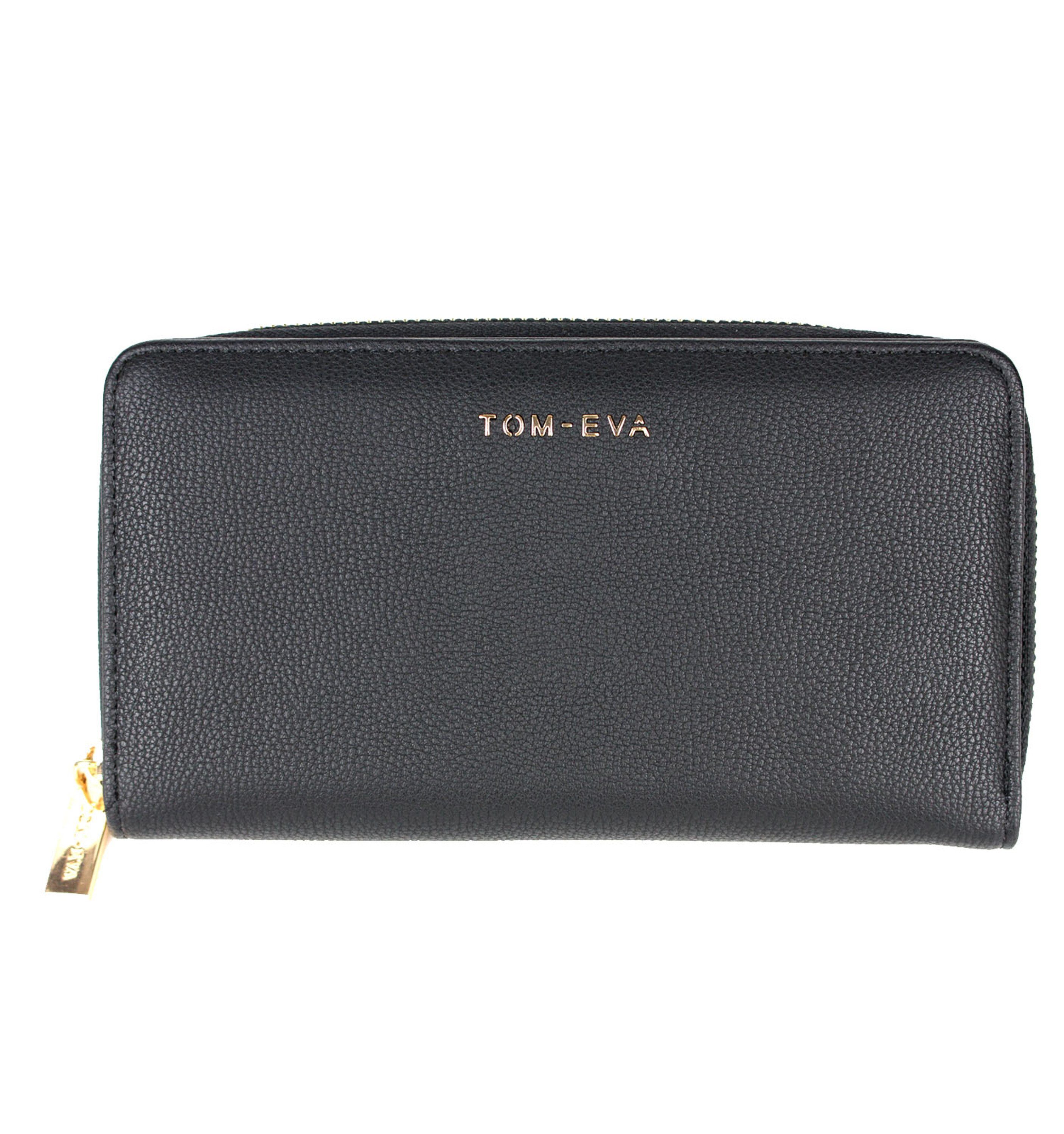 Tom & Eva Geldbörse XXL Damengeldbörse Groß Schwarz Gold - Audrey Portemonnaie Goldfarbene Metalldetails Brieftasche, Langbörse mit Handyfach und Logo