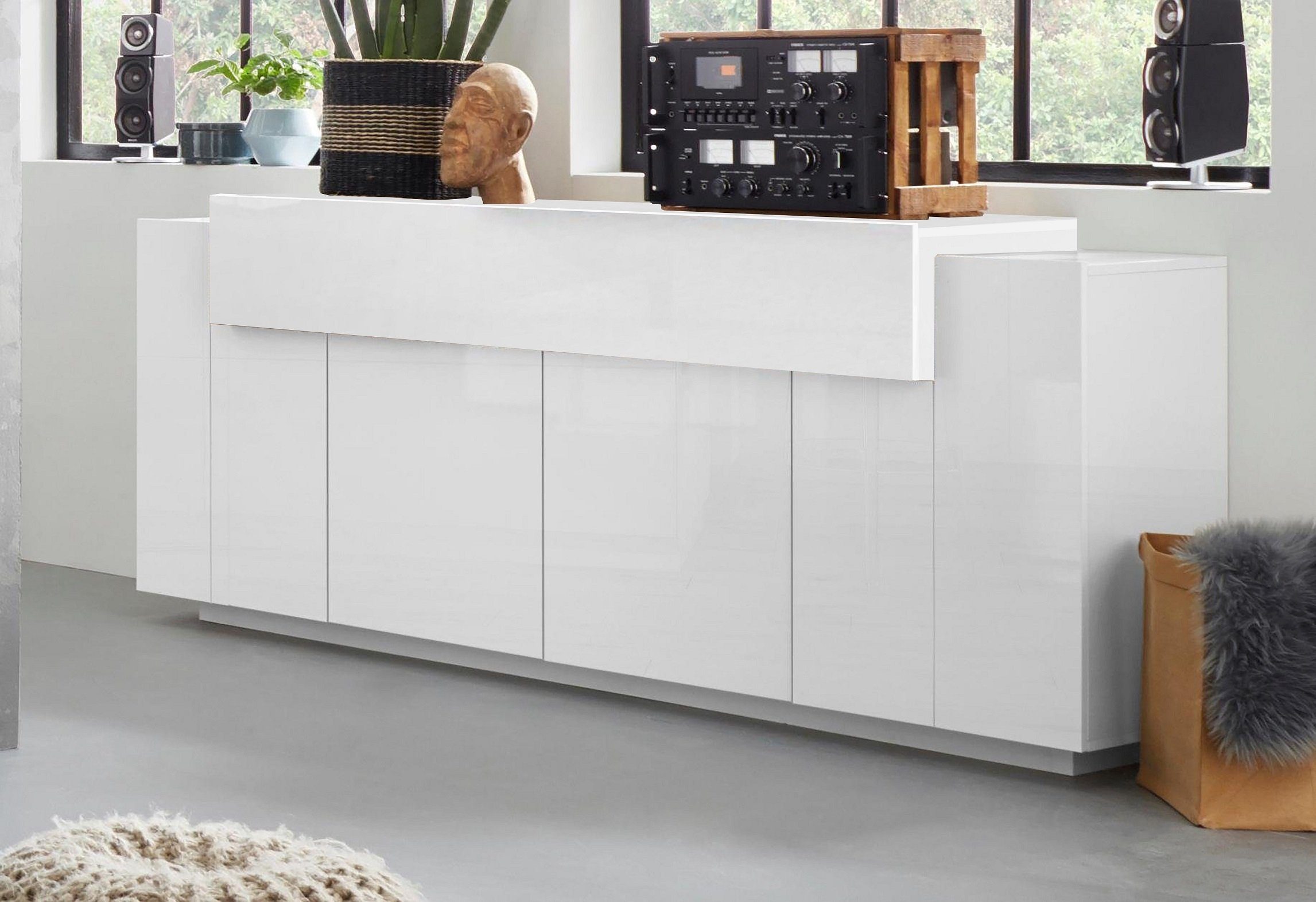 möbelando Sideboard Corona (BxHxT: 200x85,6x45 cm), in weiß/weiß hochglanz  mit 4 Türen und 3 Einlegeböden