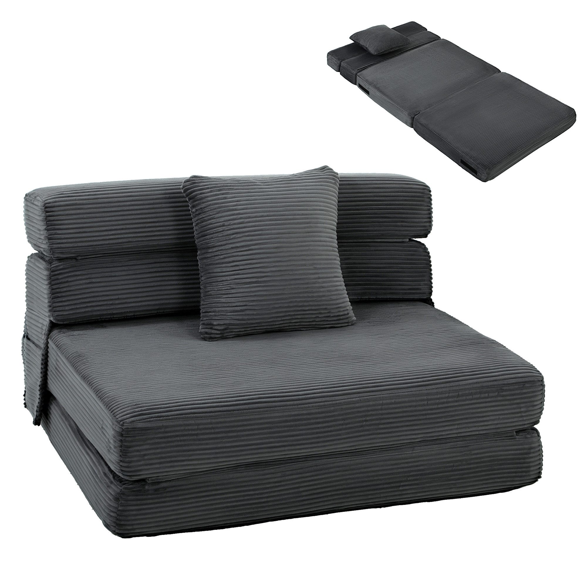 HOMCOM Bodenkissen Klappbar Schlafsessel Schlafsofa mit Schlaffunktion, Cord-Optik, 2-in-1 klappbar, Lendenkissen, Seitentaschen – Bild 2 von 5