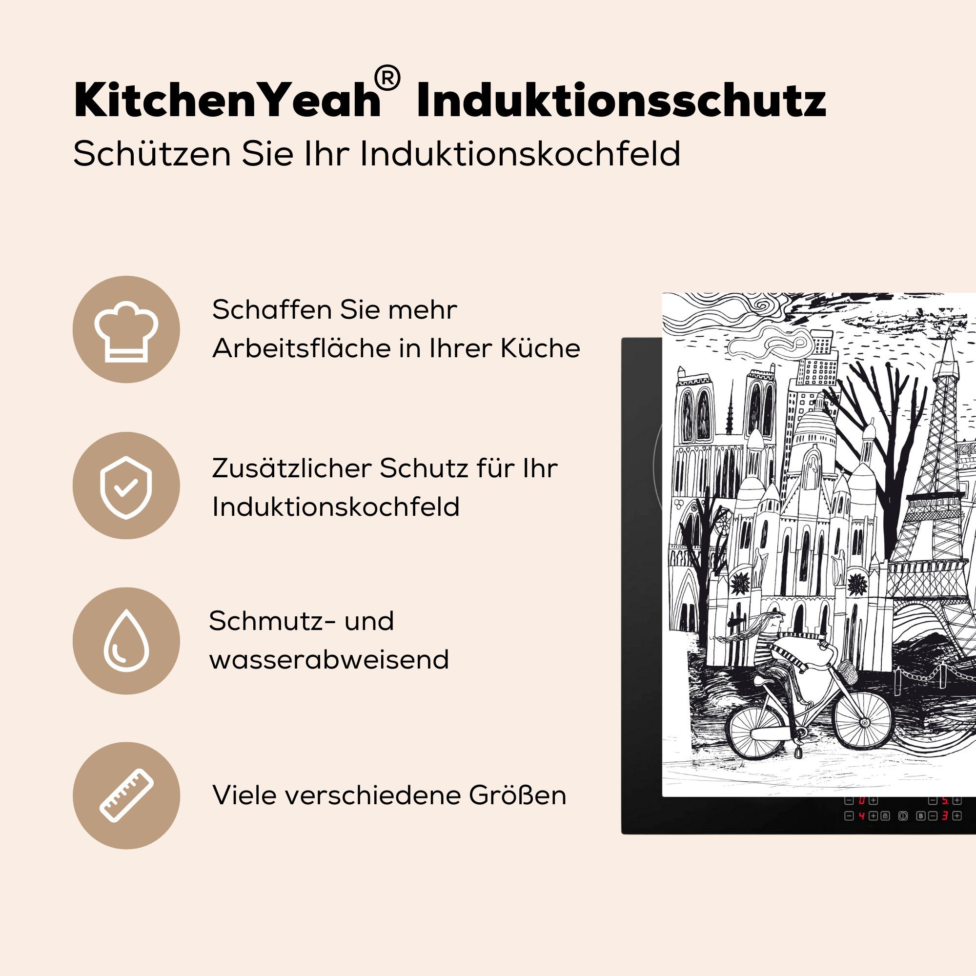 (1 tlg), Schwarz, Herdblende-/Abdeckplatte - - Paris Induktionskochfeld, Vinyl, Induktionsschutz, 57x51 cm, Ceranfeldabdeckung MuchoWow Zeichnung