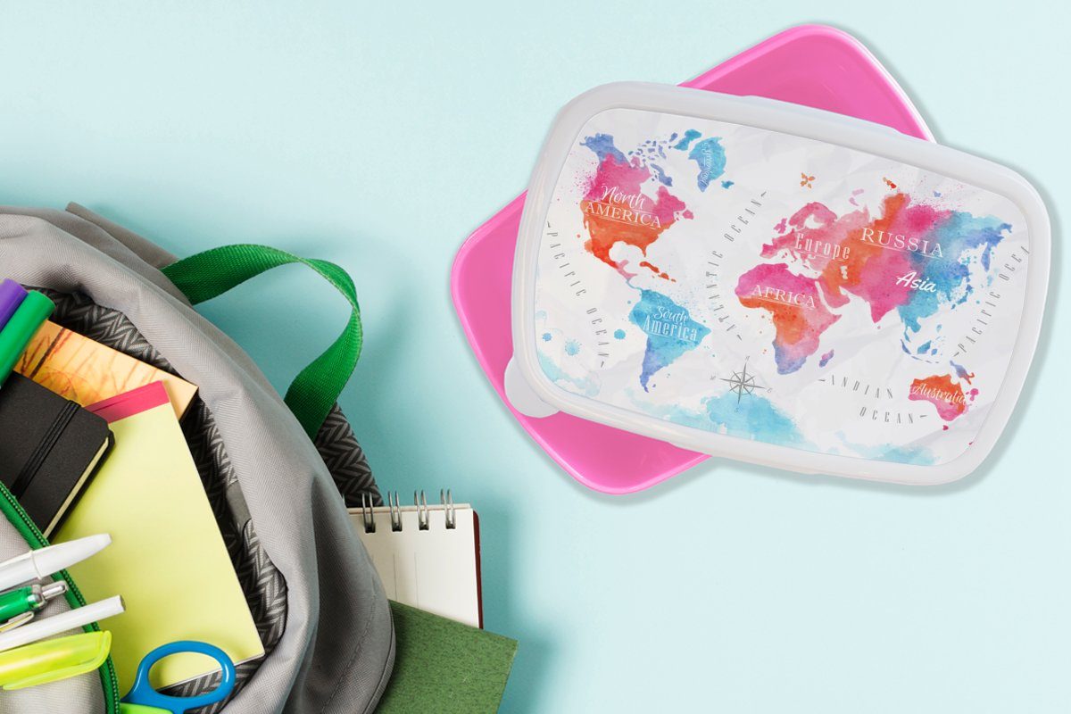 (2-tlg), Brotbox Lunchbox Karte Windrose, Erwachsene, Snackbox, Kinder, Mädchen, MuchoWow Kunststoff, für Farben Brotdose Kunststoff - - rosa