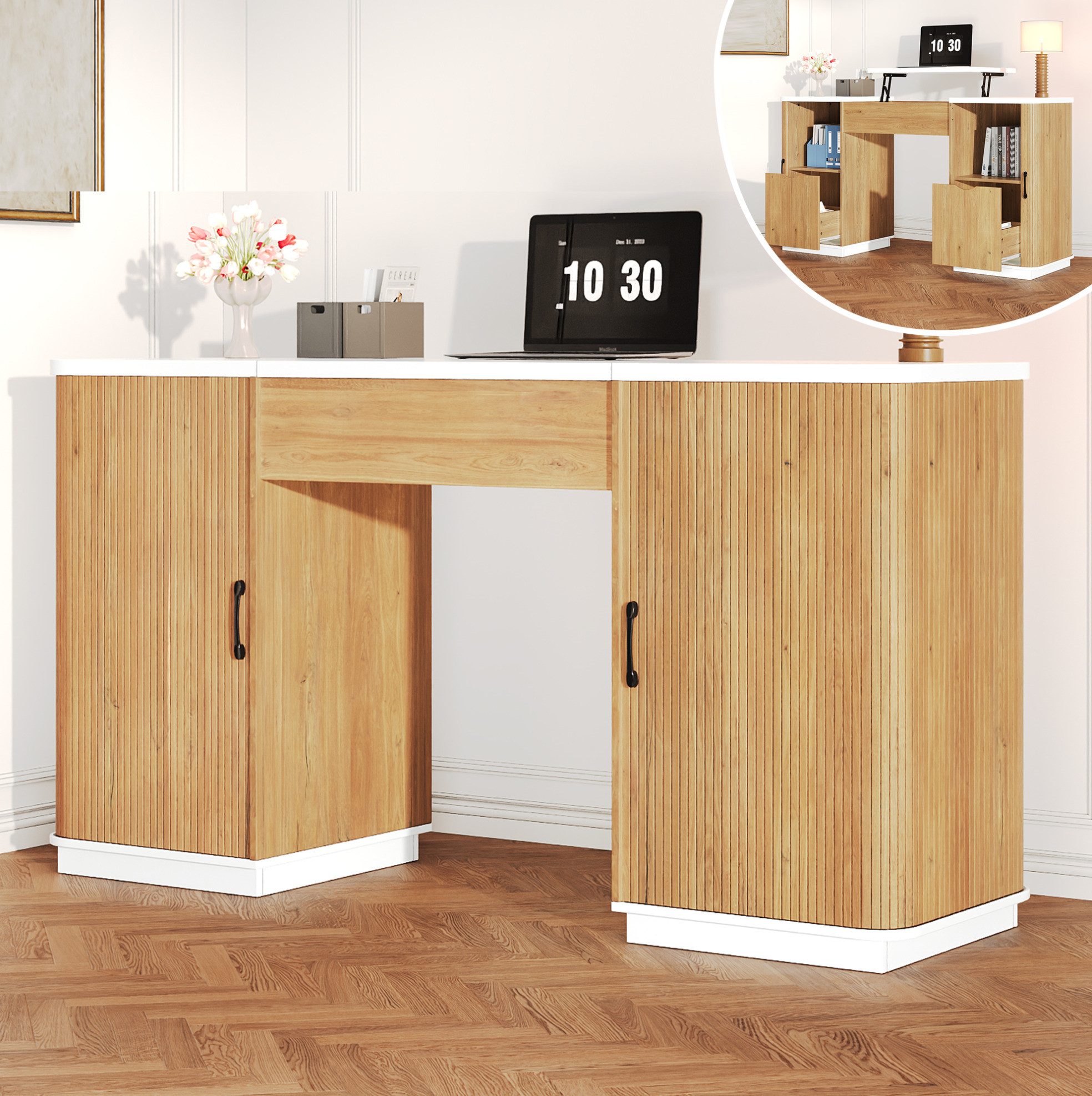 OKWISH Schreibtisch Höhenverstellbarer Tisch mit 2 Schubladen & 2 Fächern (Packung, 1-St., 140×50×78-92 cm, für Homeoffice & Schlafzimmer), versteckter Stauraum, Weiß+Eiche, stabil