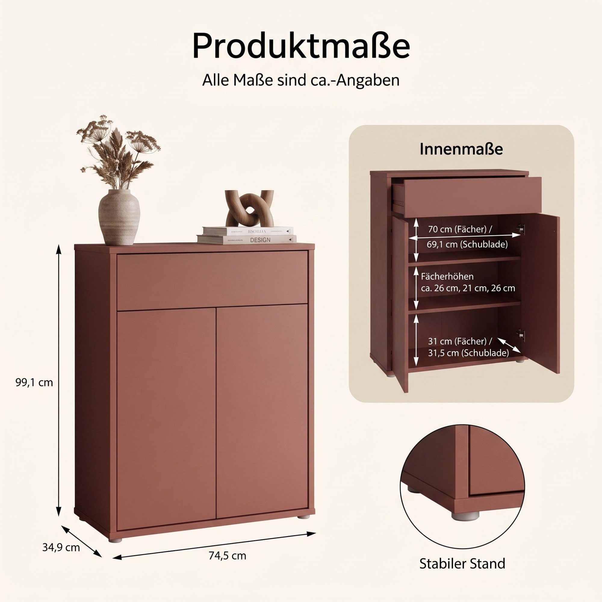 Newroom Schuhschrank Terrakotta 75 cm grifflos mit Schublade und 2 Türen für Flur und Diele – Bild 4 von 5