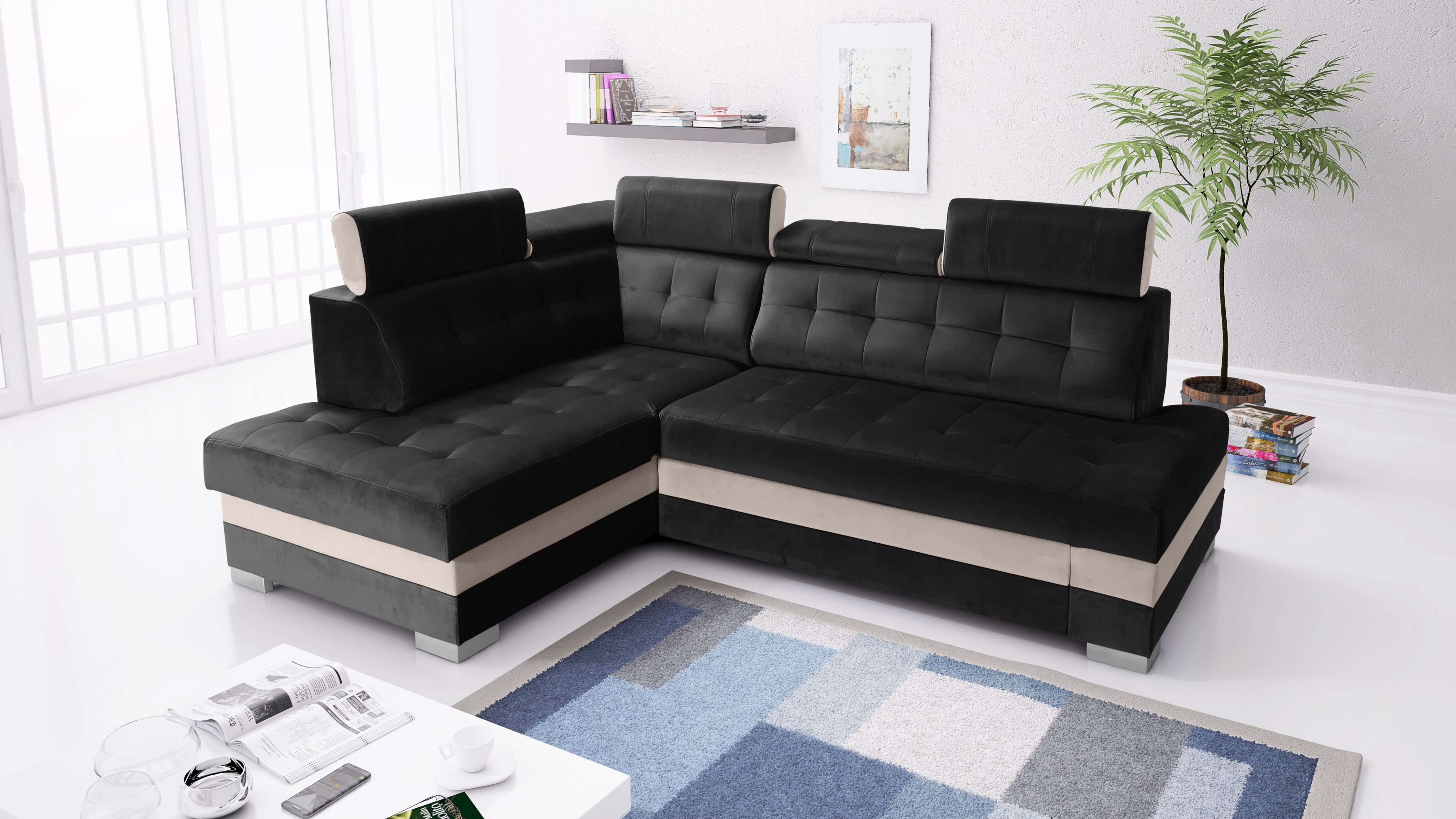 Kopfstützen robin BLACK-CREAM Ecksofa: verstellbare 5 Ecksofa Schlaffunktion L-Form Paris