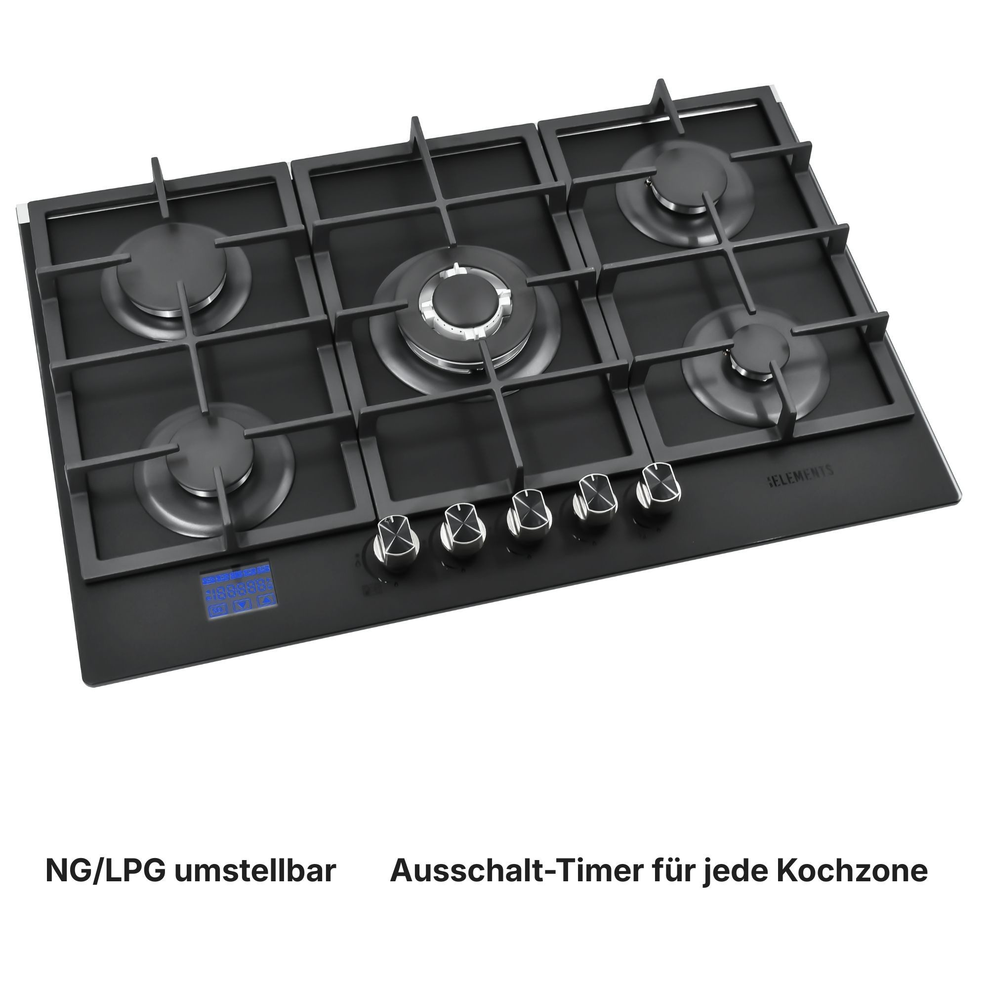 KB Elements Gas-Kochfeld, DIGITALER GAS-STOP-TIMER, MATTE, HITZEBESTÄNDIGE GLASOBERFLÄCHE