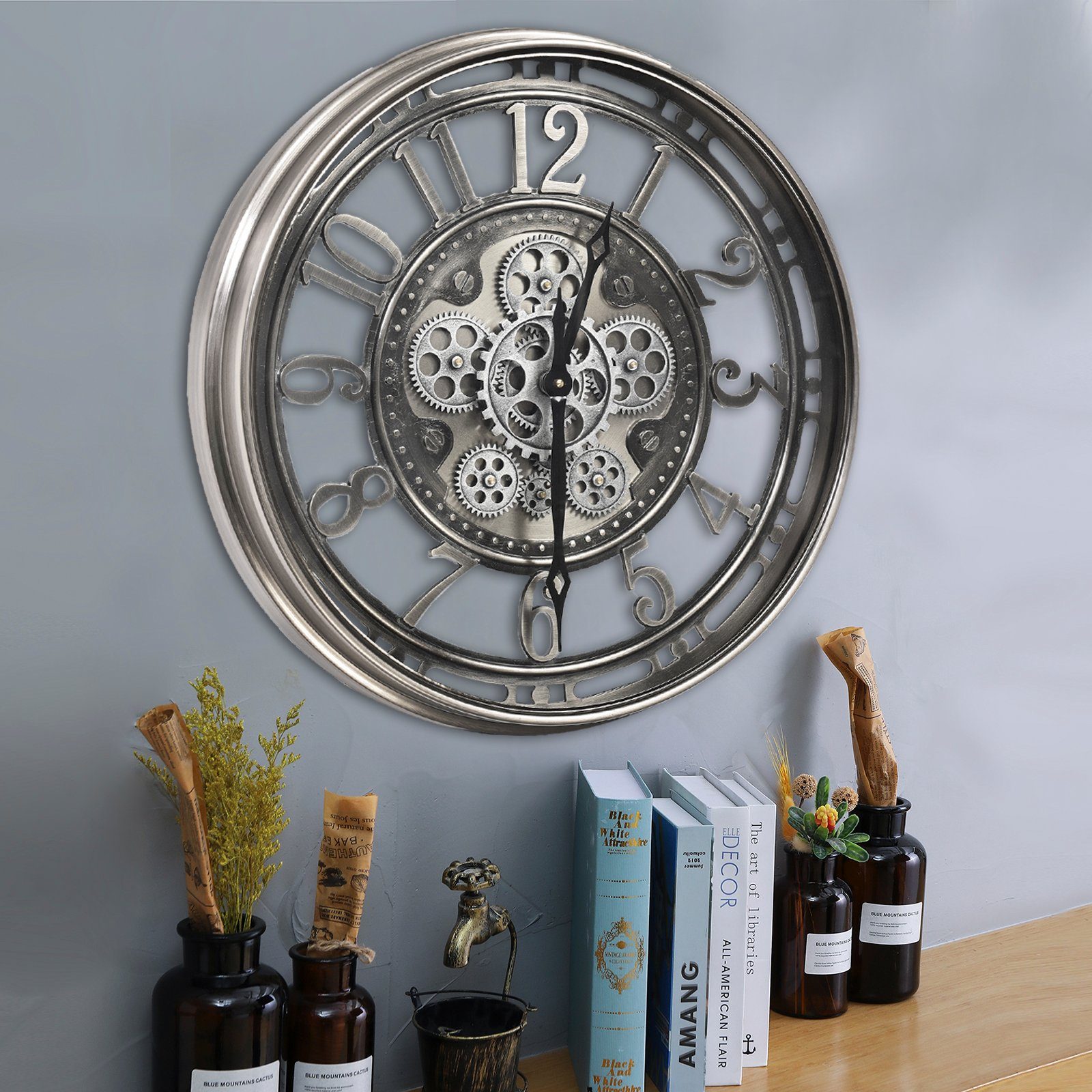 Samilito Wanduhr 53,3 cm mit echtem Bewegungsgetriebe Zahnrädern Silber