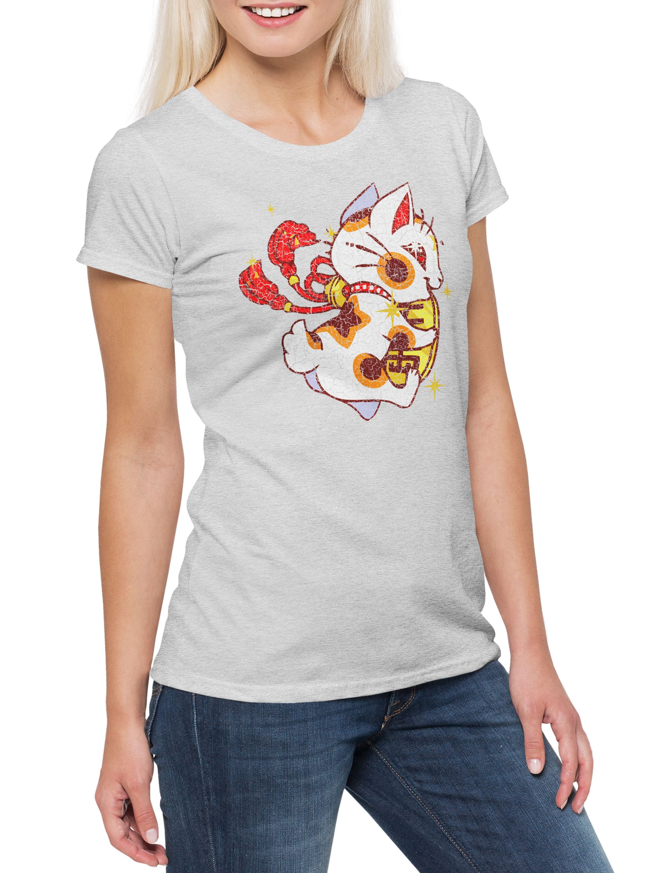 Print-Shirt Maneki Neko Damen T-Shirt Cat Katze Winkekatze Maneki-Neko Manekineko