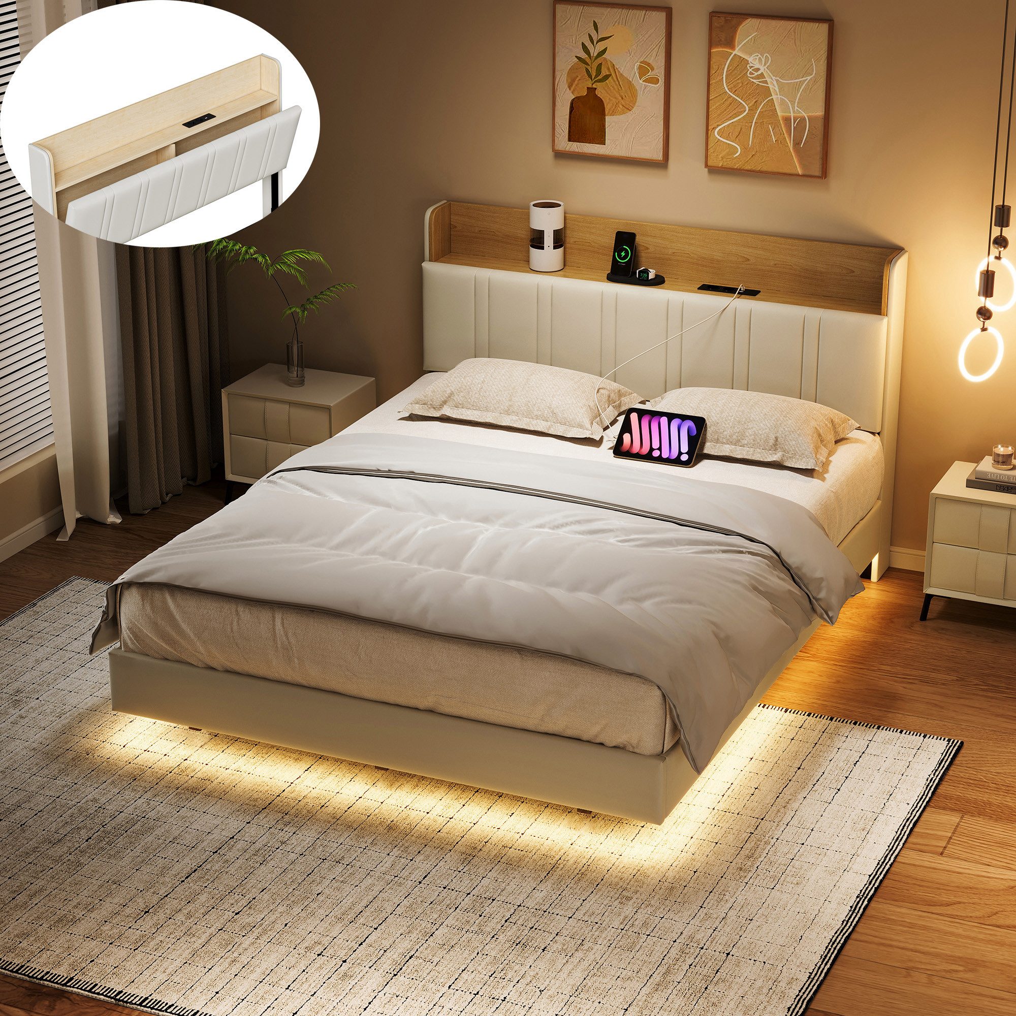 PXloue Polsterbett Doppelbett Jugendbett (Kopfteil mit Stauraum), Stauraumb günstig online kaufen