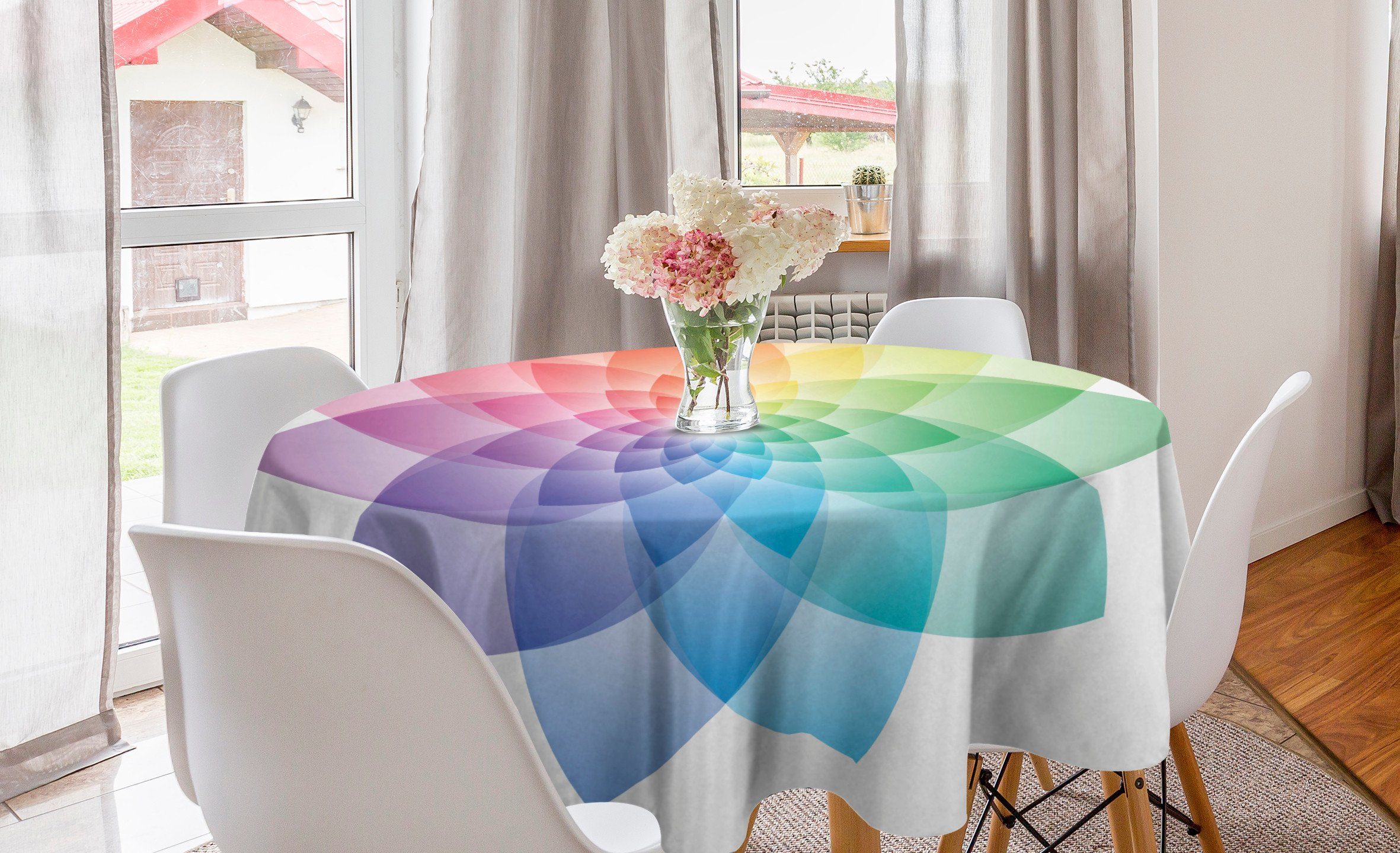 Abakuhaus Tischdecke Kreis Tischdecke Abdeckung für Esszimmer Küche Dekoration, Regenbogen-Mandala Regenbogen-Töne Petal