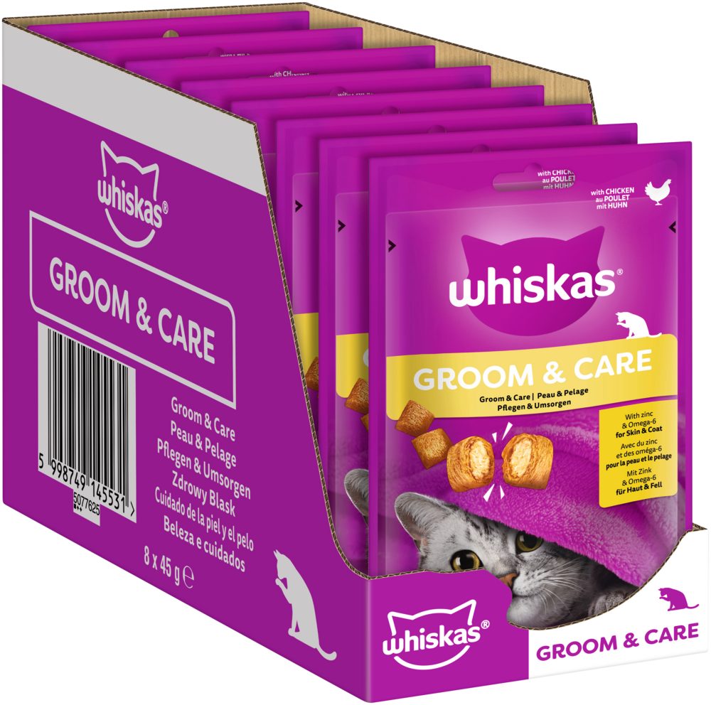 Whiskas WHISKAS® Portionsbeutel Groom & Care mit Huhn 8 x 45g, Nassfutter für: Katze