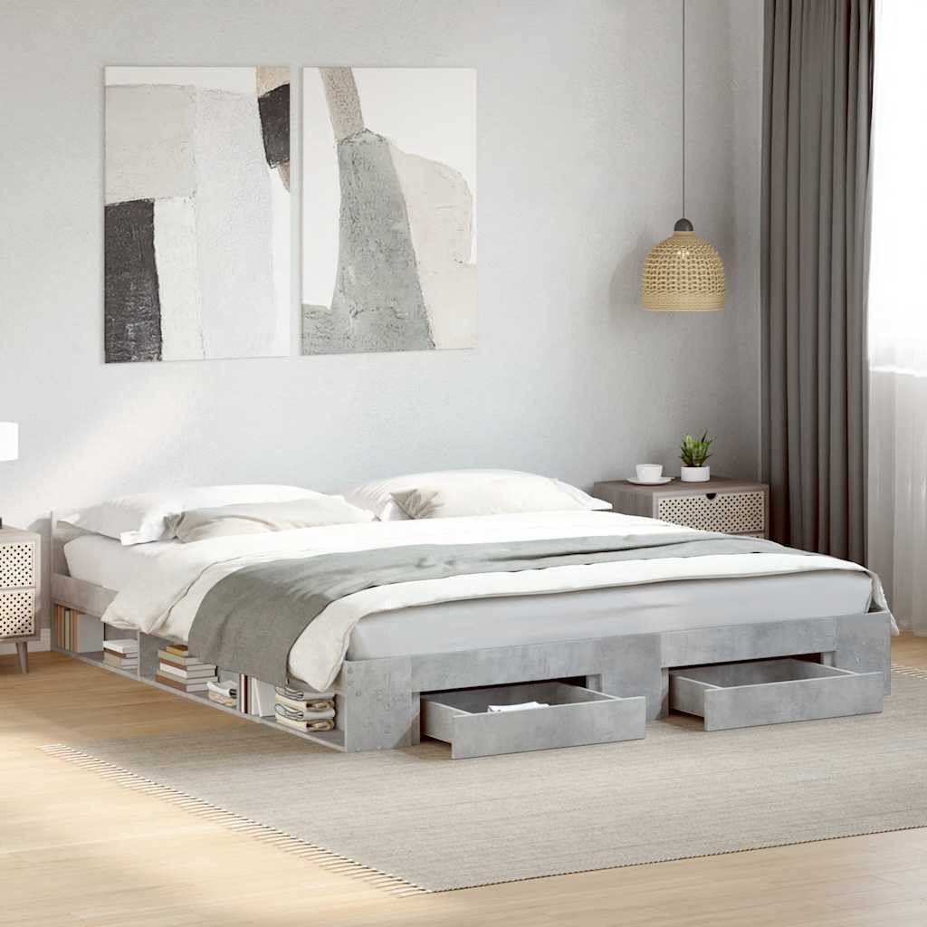 furnicato Bettgestell mit Schubladen 203x183x45 cm Betongrau Holzwerkstoff (1-tlg), Stabiles Einzelbett mit integriertem Stauraum und zwei Schubladen