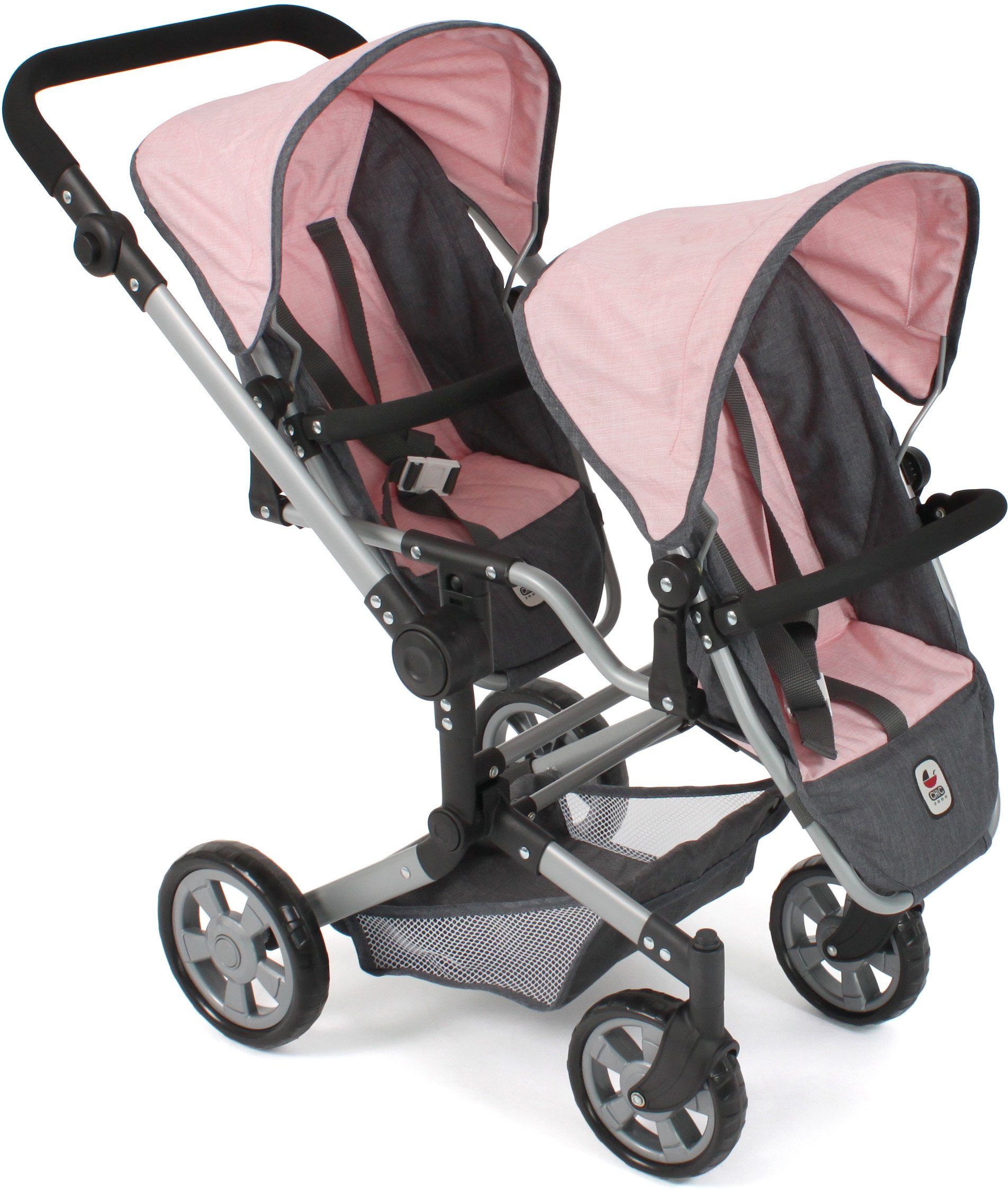 CHIC2000 Puppen-Zwillingsbuggy Linus Duo, Grau-Rosa, mit zwei abnehmbaren, bis in Liegeposition verstellbaren Sportsitzen