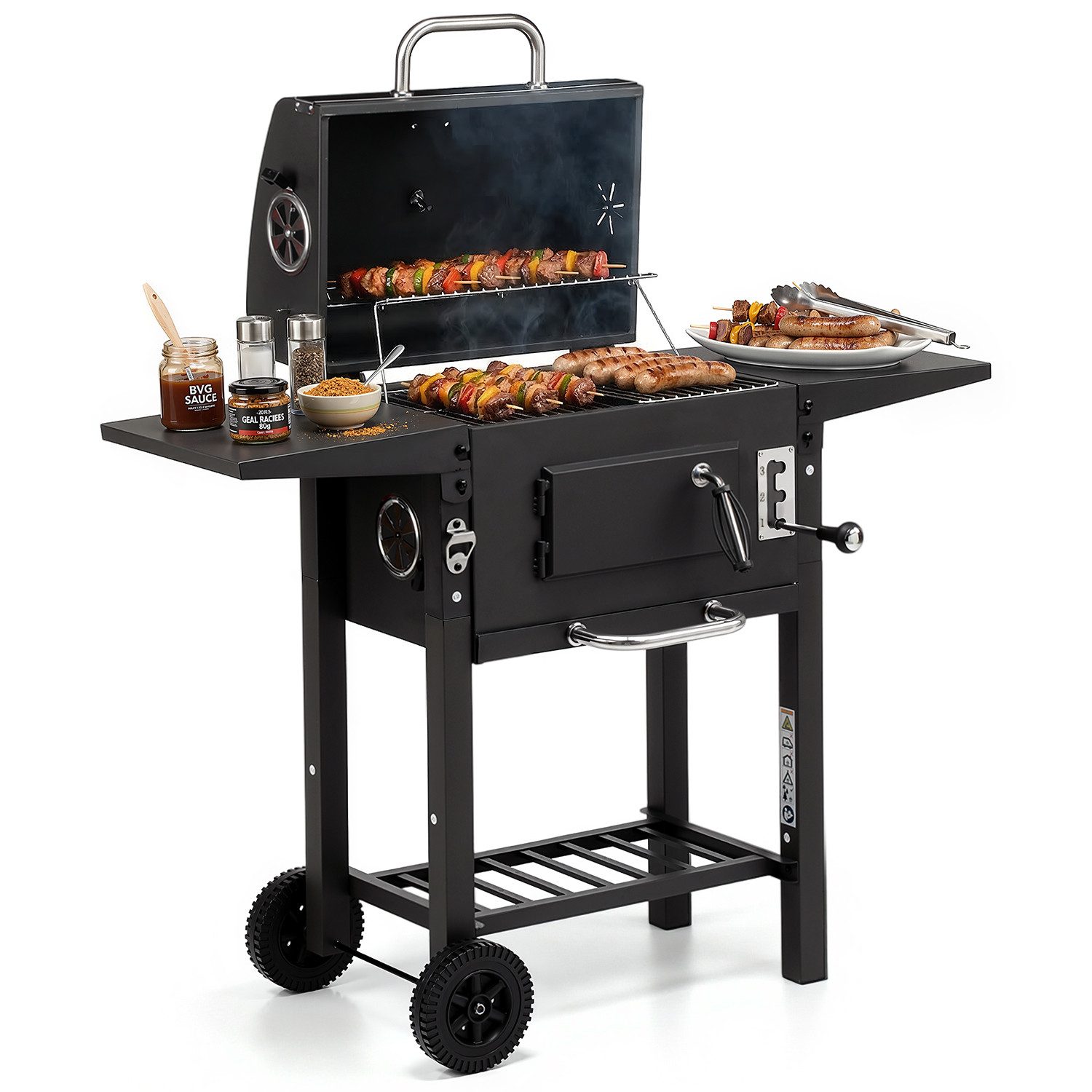 kehot Holzkohlegrill Holzkohlegrill Grillwagen mit Deckel und Grillfläche 45,5x30 cm, BBQ Grillwagen mit 2 Seitenablagen und Ablagegitter unten, Mobiler Holzkohlegrill auf Rollen für Garten Balkon und Camping, Stabiler Outdoor Grill aus lackiertem Stahl mit verchromtem Grillrost