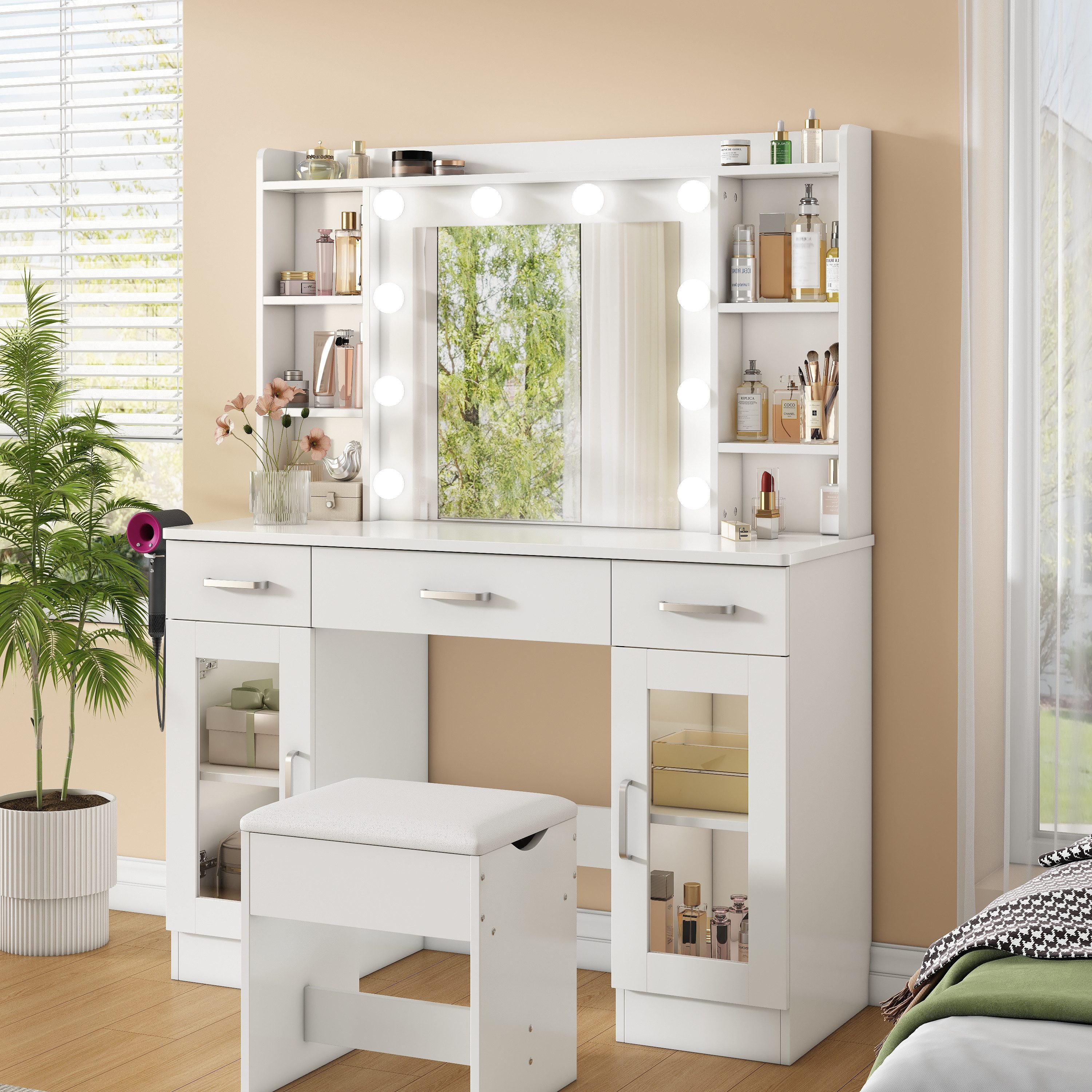 BBWL Schminktisch mit LED Spiegel und Hocker USB Beleuchtung MDF, Frisiertisch mit Schubladen Metallgriffen Stauraum Beauty Tisch